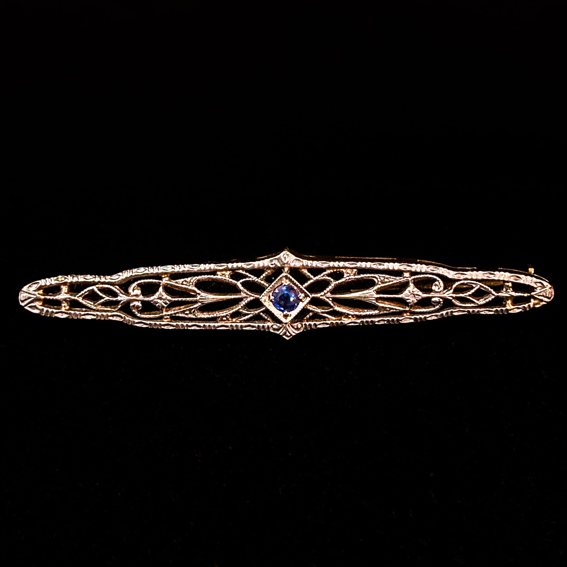 Antique Art Deco 14K Yellow Gold Blue Gemstone Filigree Bar Pin Brooch