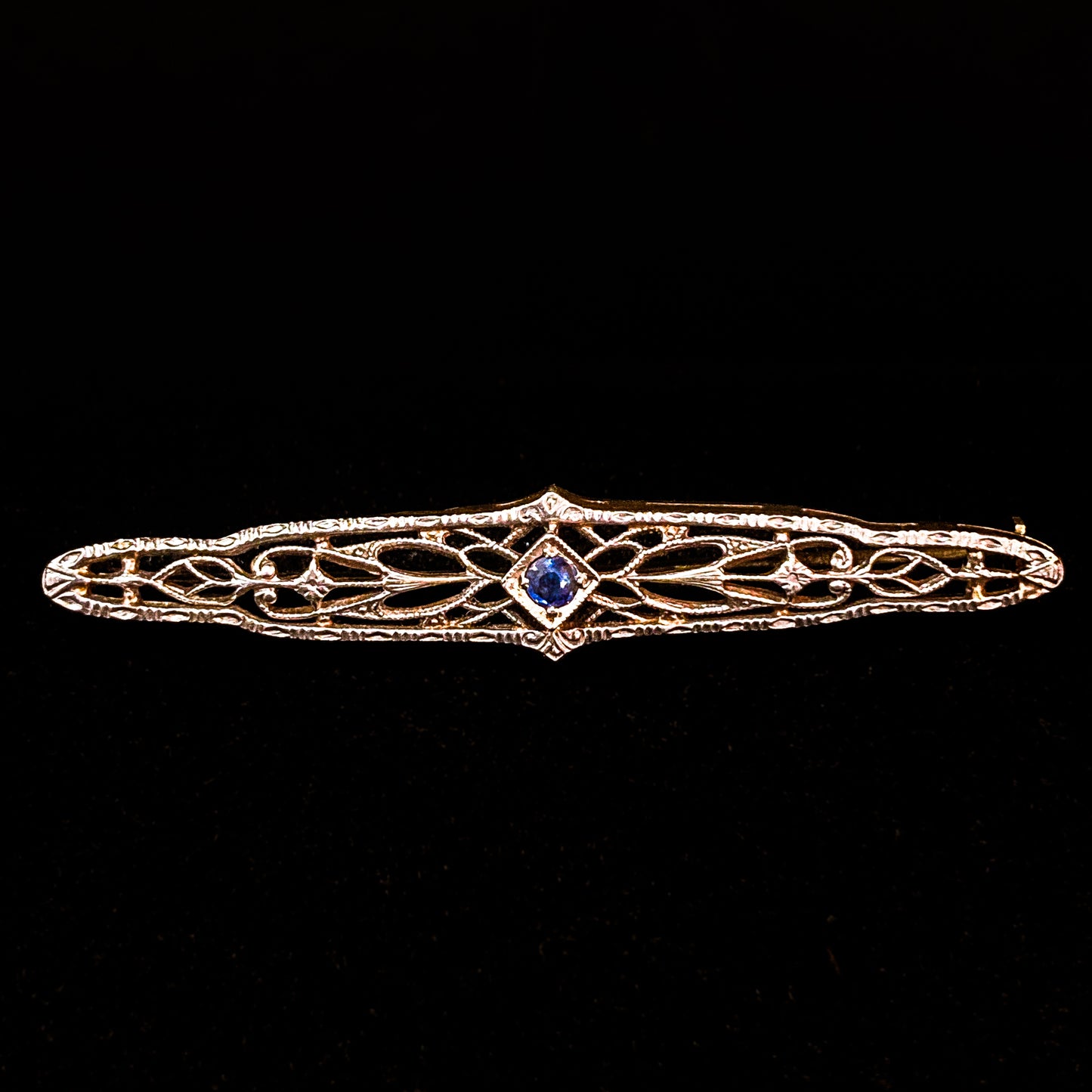 Antique Art Deco 14K Yellow Gold Blue Gemstone Filigree Bar Pin Brooch