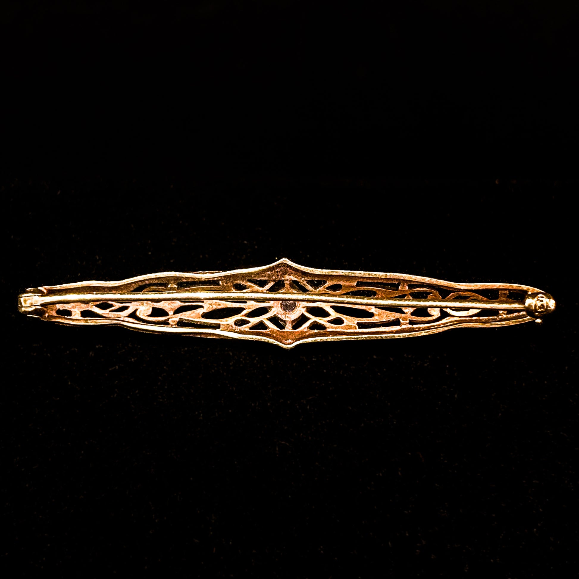 Antique Art Deco 14K Yellow Gold Blue Gemstone Filigree Bar Pin Brooch