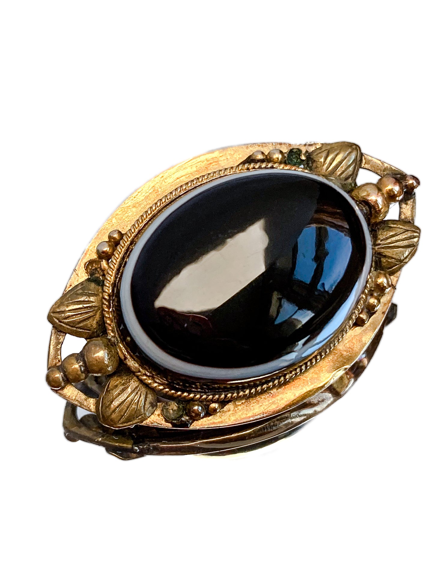 Victorian 9K Yellow Gold Banded Sardonyx Locket Style Mourning Brooch Pin