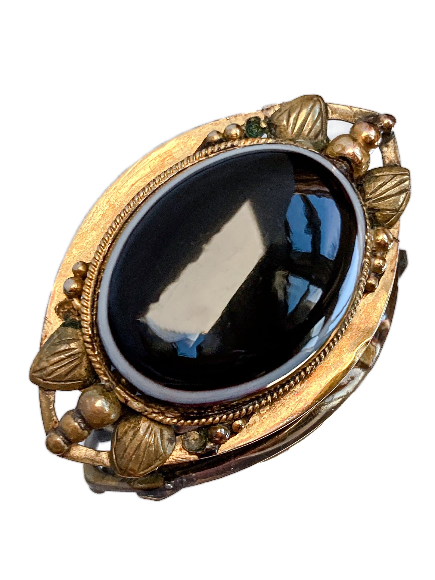 Victorian 9K Yellow Gold Banded Sardonyx Locket Style Mourning Brooch Pin