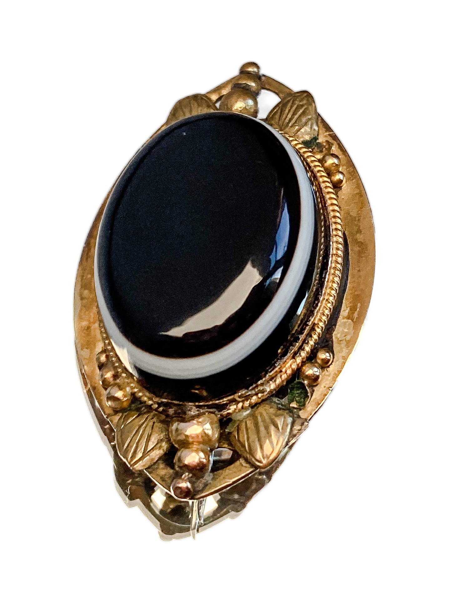 Victorian 9K Yellow Gold Banded Sardonyx Locket Style Mourning Brooch Pin