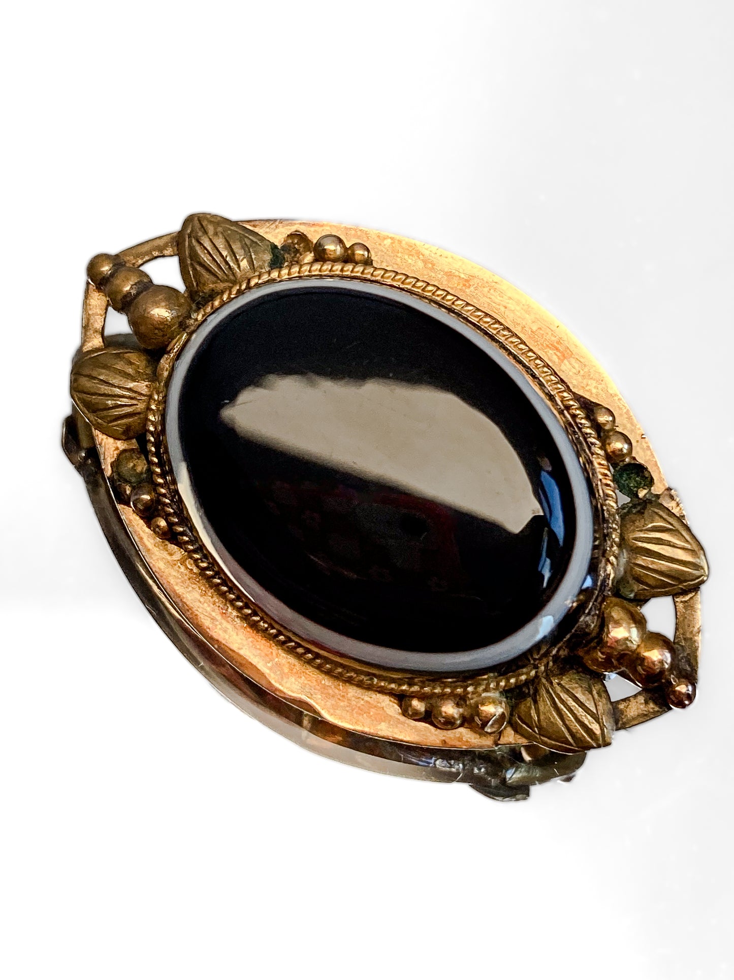 Victorian 9K Yellow Gold Banded Sardonyx Locket Style Mourning Brooch Pin