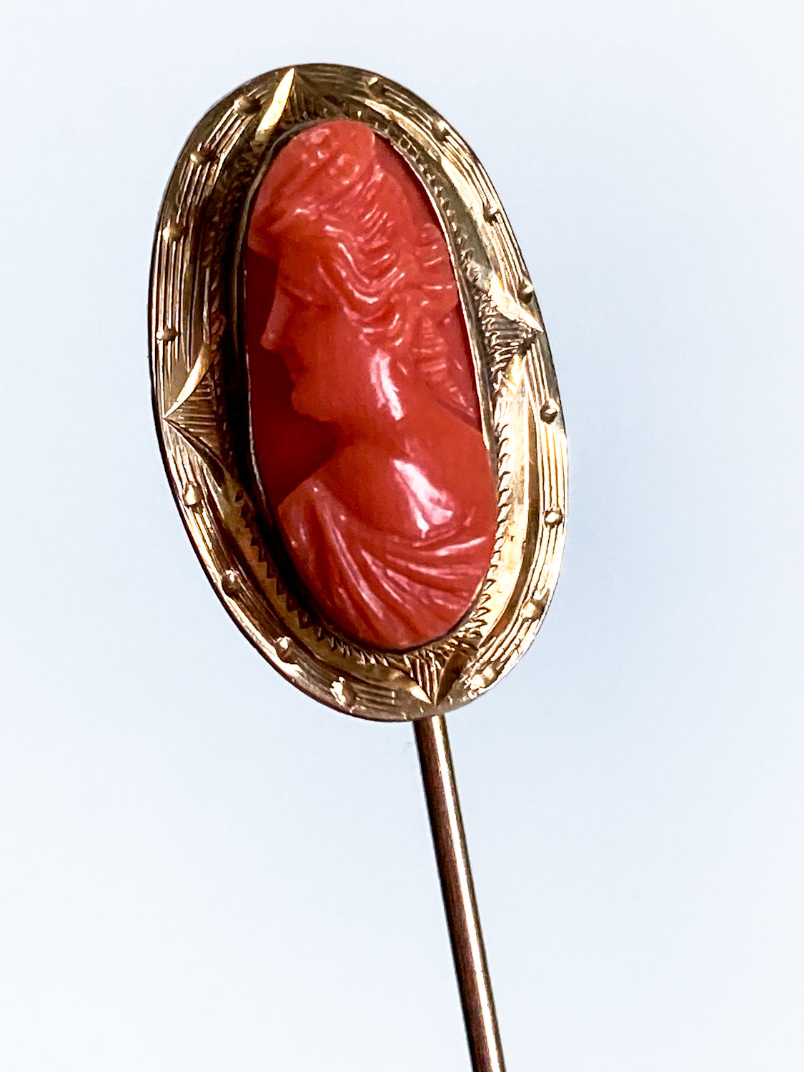 Antique 10K Yellow Gold Oval Hand Carved Coral Cameo Stick Pin