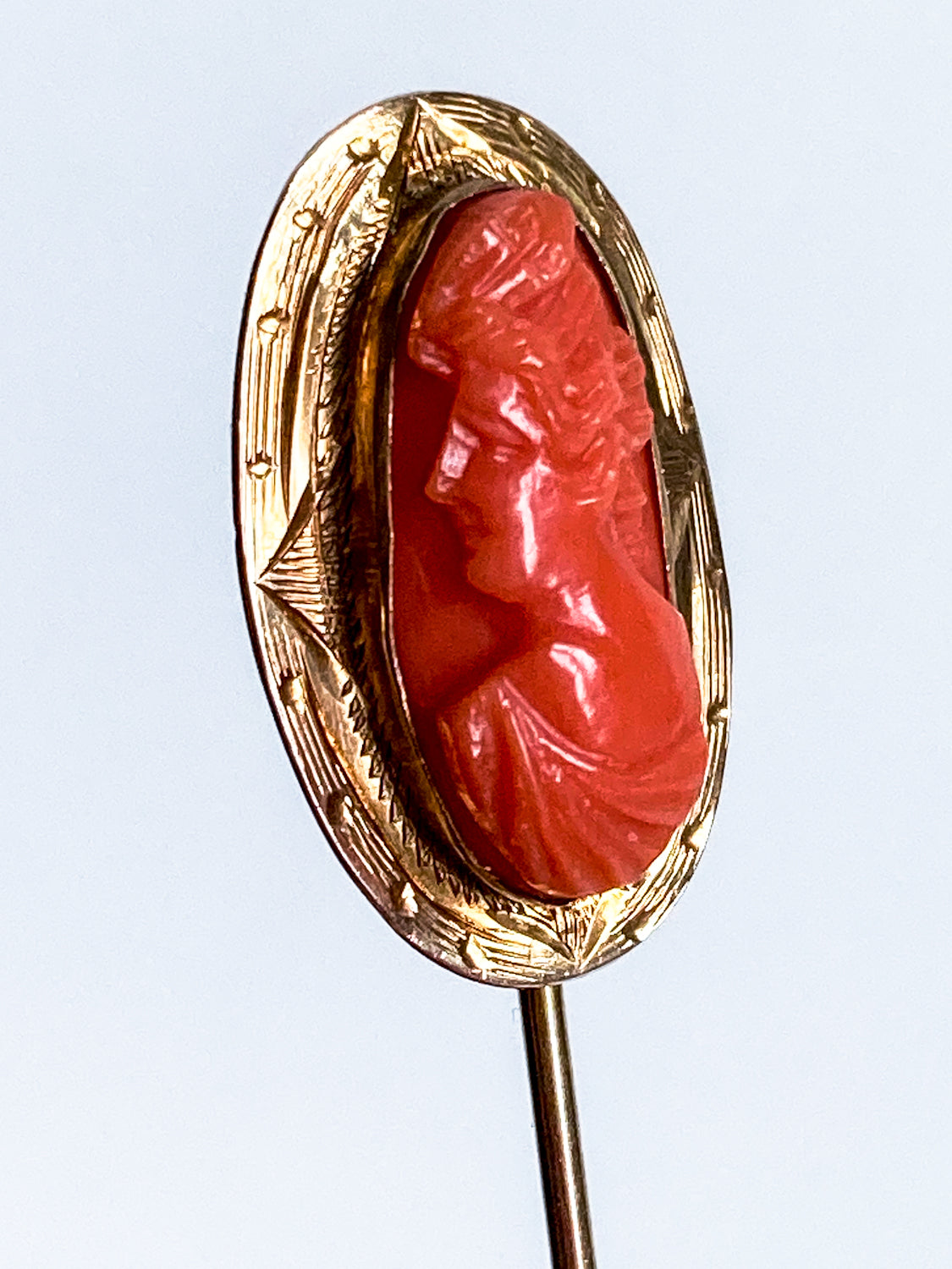 Antique 10K Yellow Gold Oval Hand Carved Coral Cameo Stick Pin