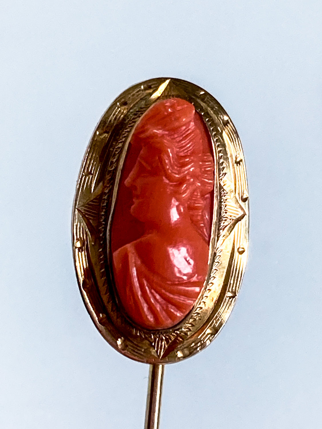 Antique 10K Yellow Gold Oval Hand Carved Coral Cameo Stick Pin