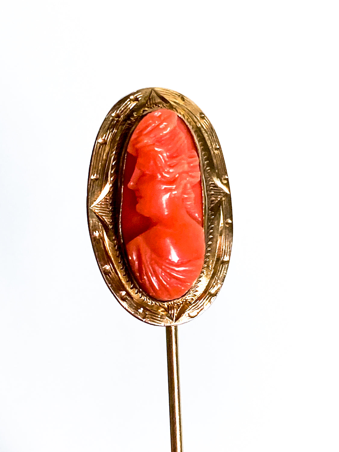 Antique 10K Yellow Gold Oval Hand Carved Coral Cameo Stick Pin