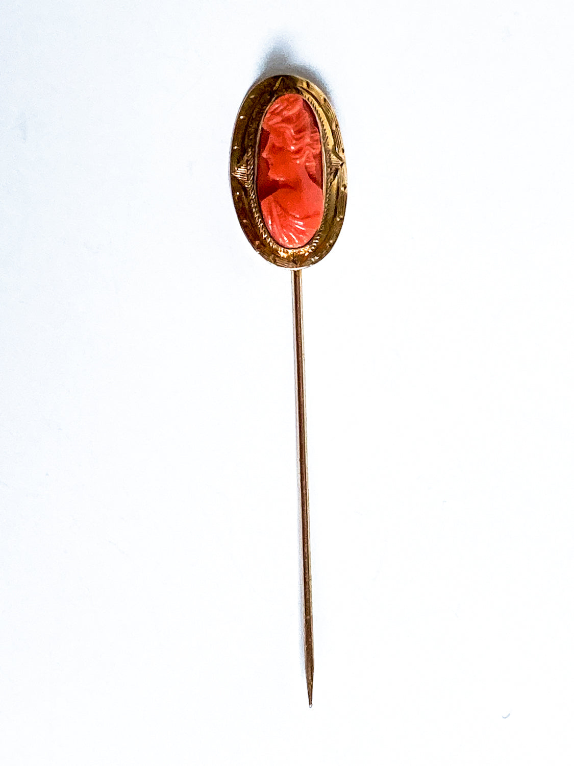 Antique 10K Yellow Gold Oval Hand Carved Coral Cameo Stick Pin