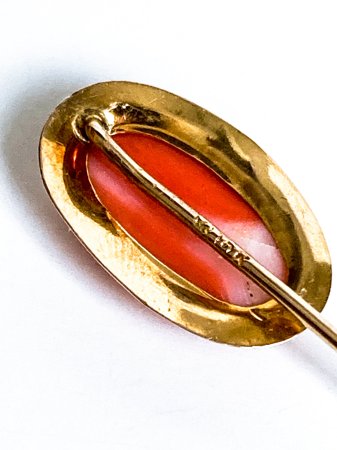 Antique 10K Yellow Gold Oval Hand Carved Coral Cameo Stick Pin