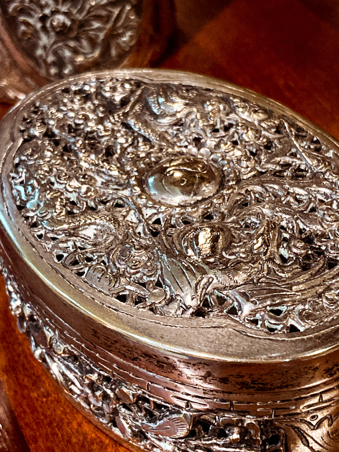 Antique 19th Century Oval Serpentine & Floral Repoussé CHB Silver Box