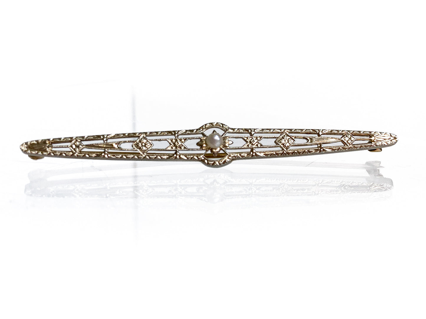 Antique Art Deco 10K Yellow Gold Seed Pearl Filigree Bar Pin Brooch