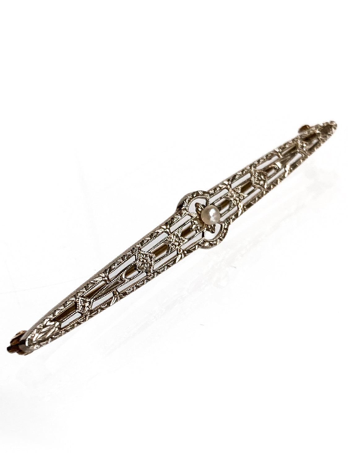 Antique Art Deco 10K Yellow Gold Seed Pearl Filigree Bar Pin Brooch