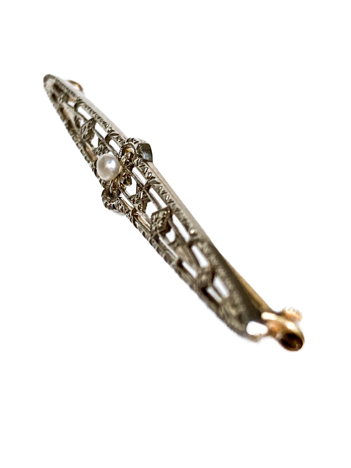 Antique Art Deco 10K Yellow Gold Seed Pearl Filigree Bar Pin Brooch