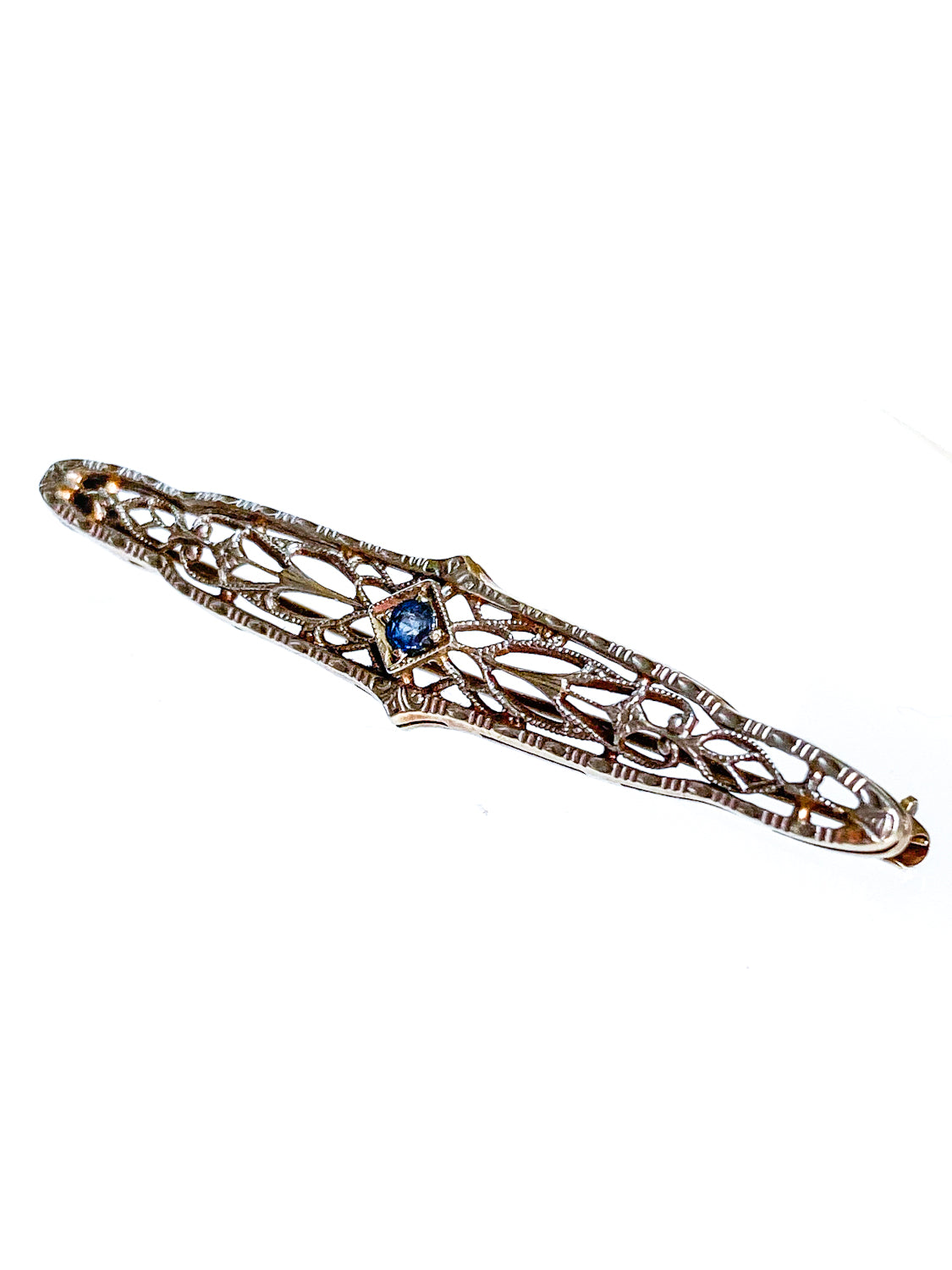 Antique Art Deco 14K Yellow Gold Blue Gemstone Filigree Bar Pin Brooch