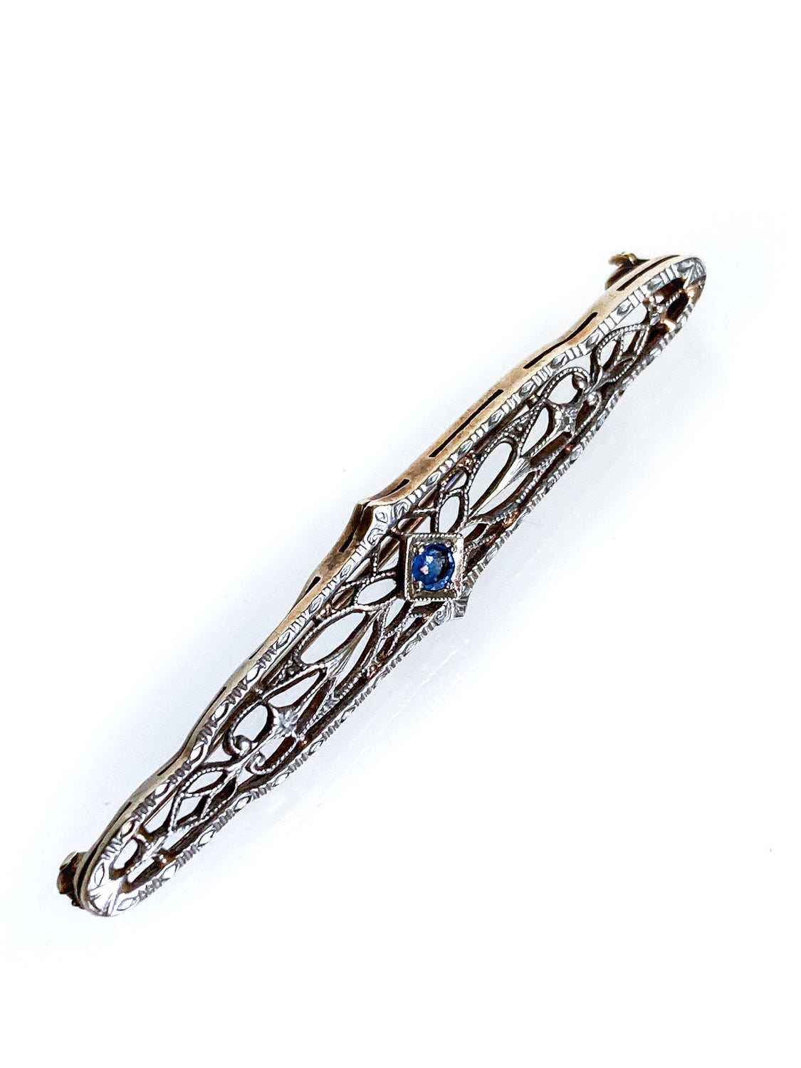 Antique Art Deco 14K Yellow Gold Blue Gemstone Filigree Bar Pin Brooch