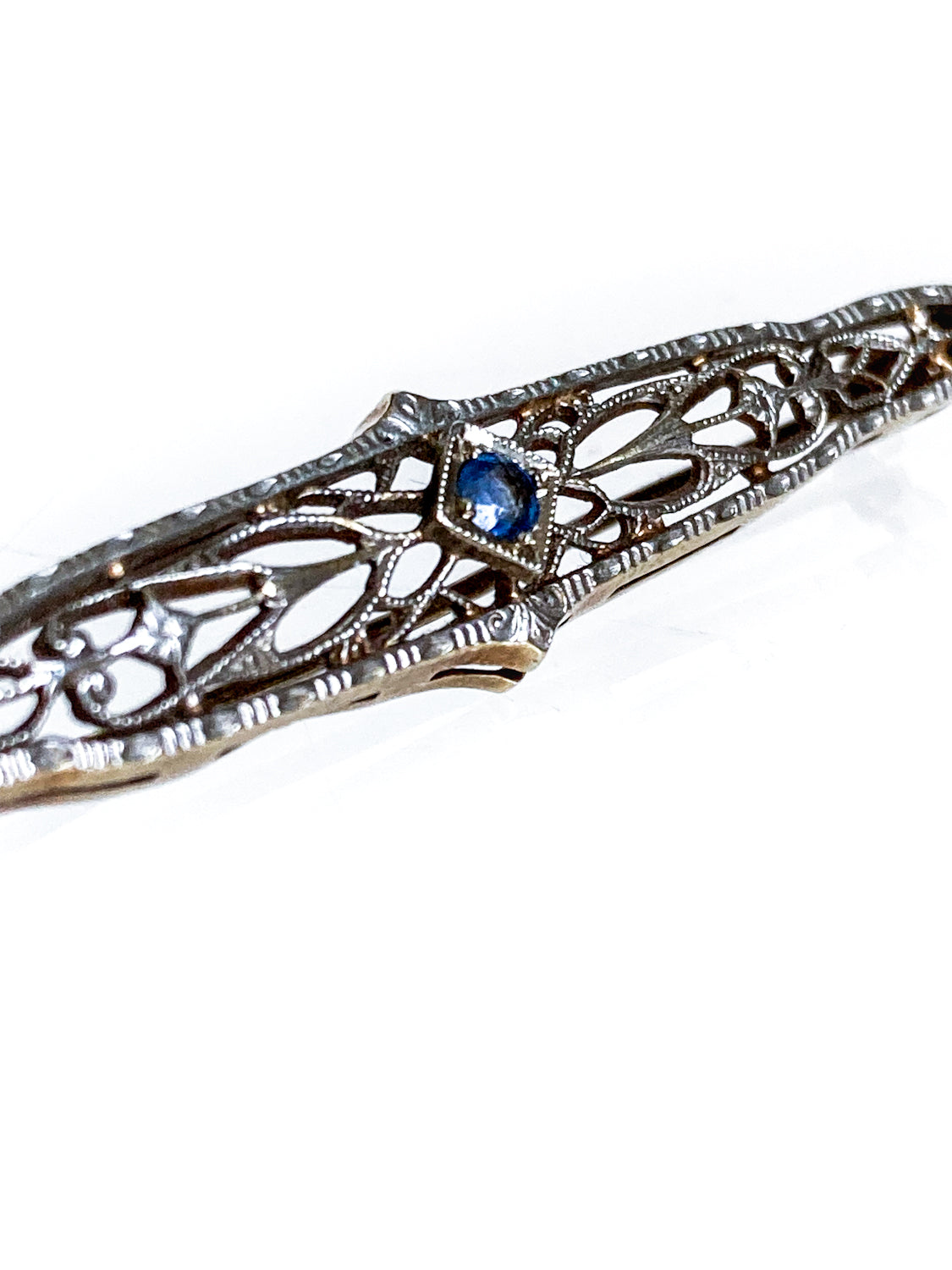 Antique Art Deco 14K Yellow Gold Blue Gemstone Filigree Bar Pin Brooch