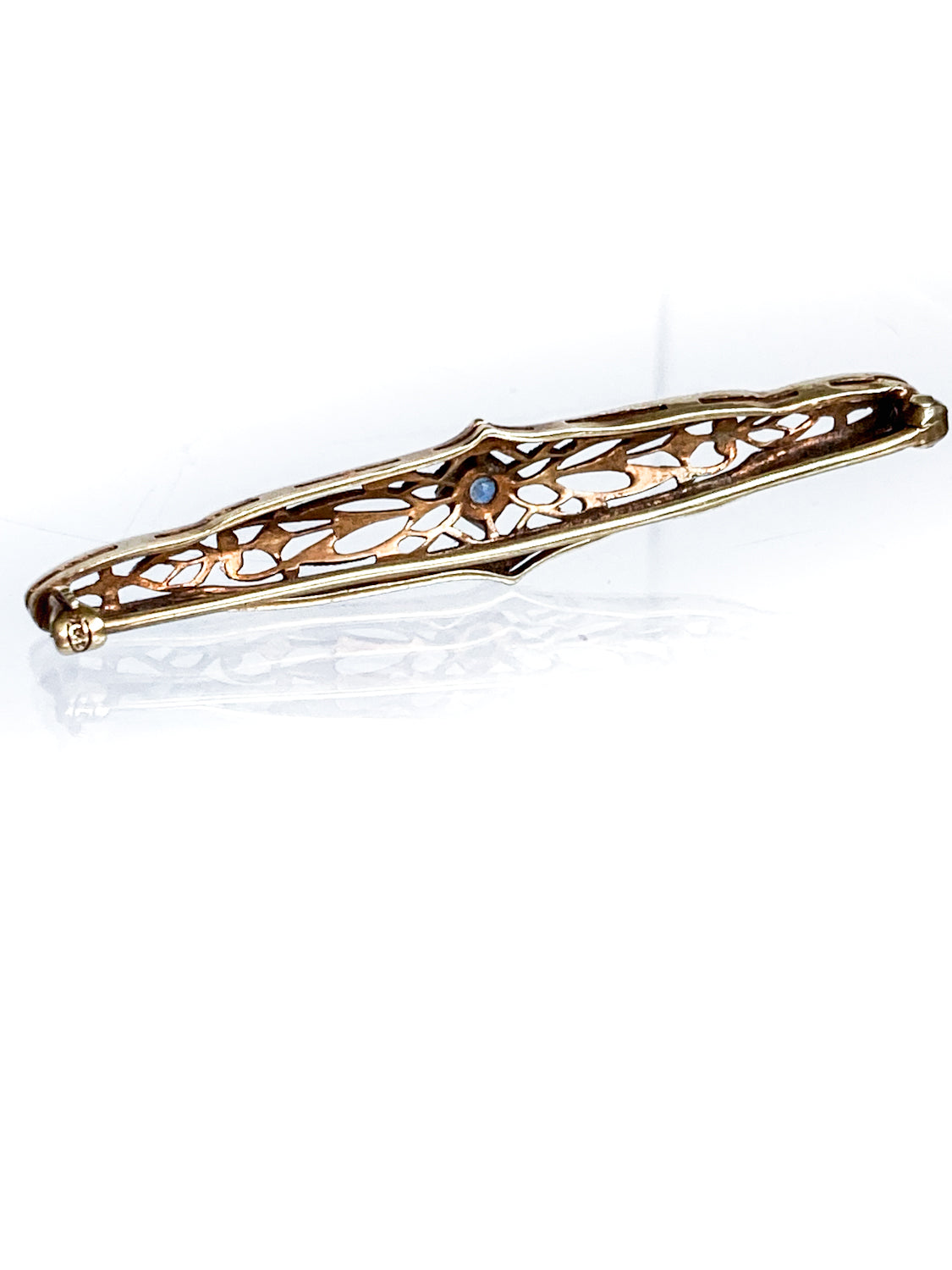 Antique Art Deco 14K Yellow Gold Blue Gemstone Filigree Bar Pin Brooch