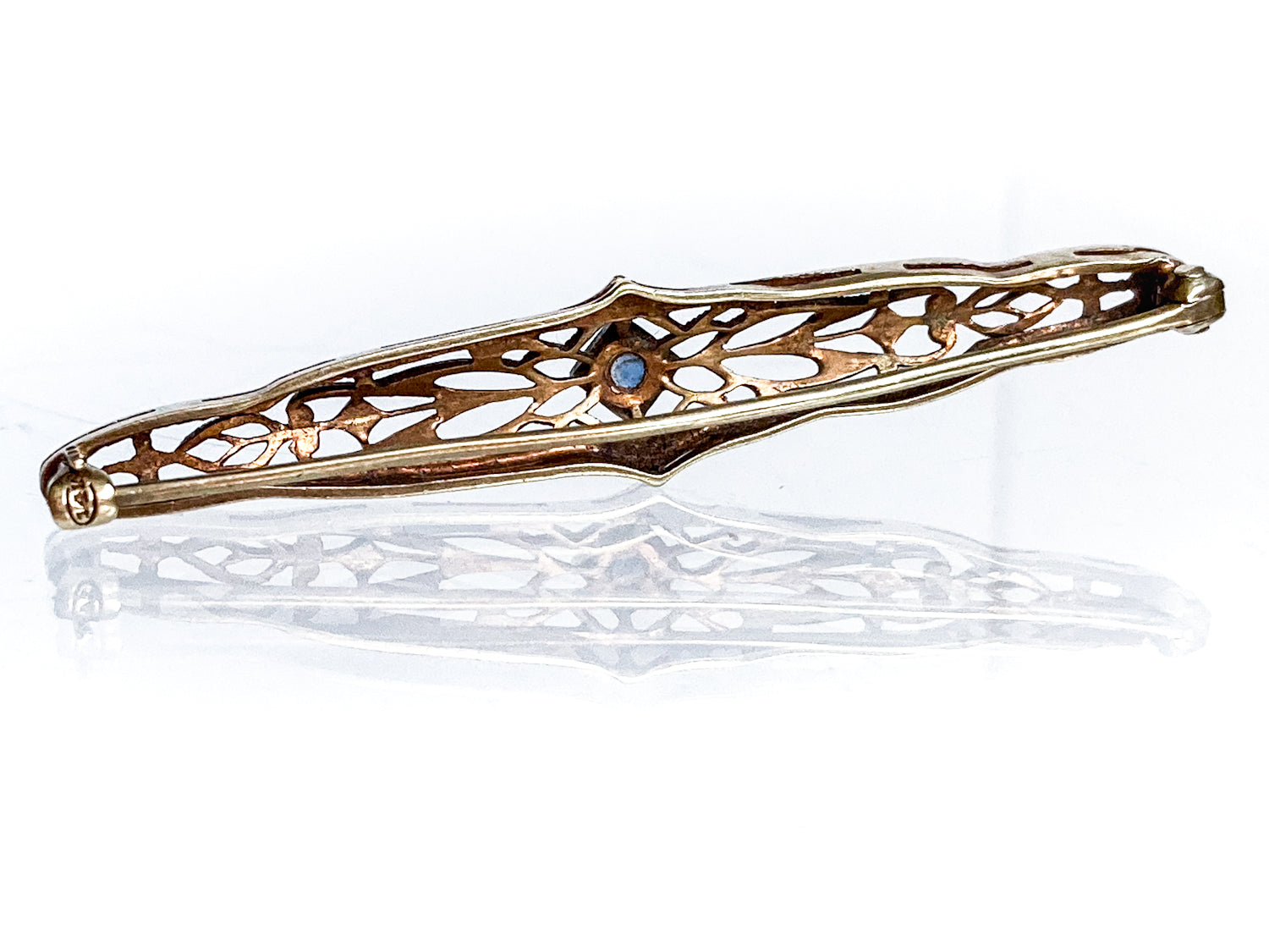 Antique Art Deco 14K Yellow Gold Blue Gemstone Filigree Bar Pin Brooch