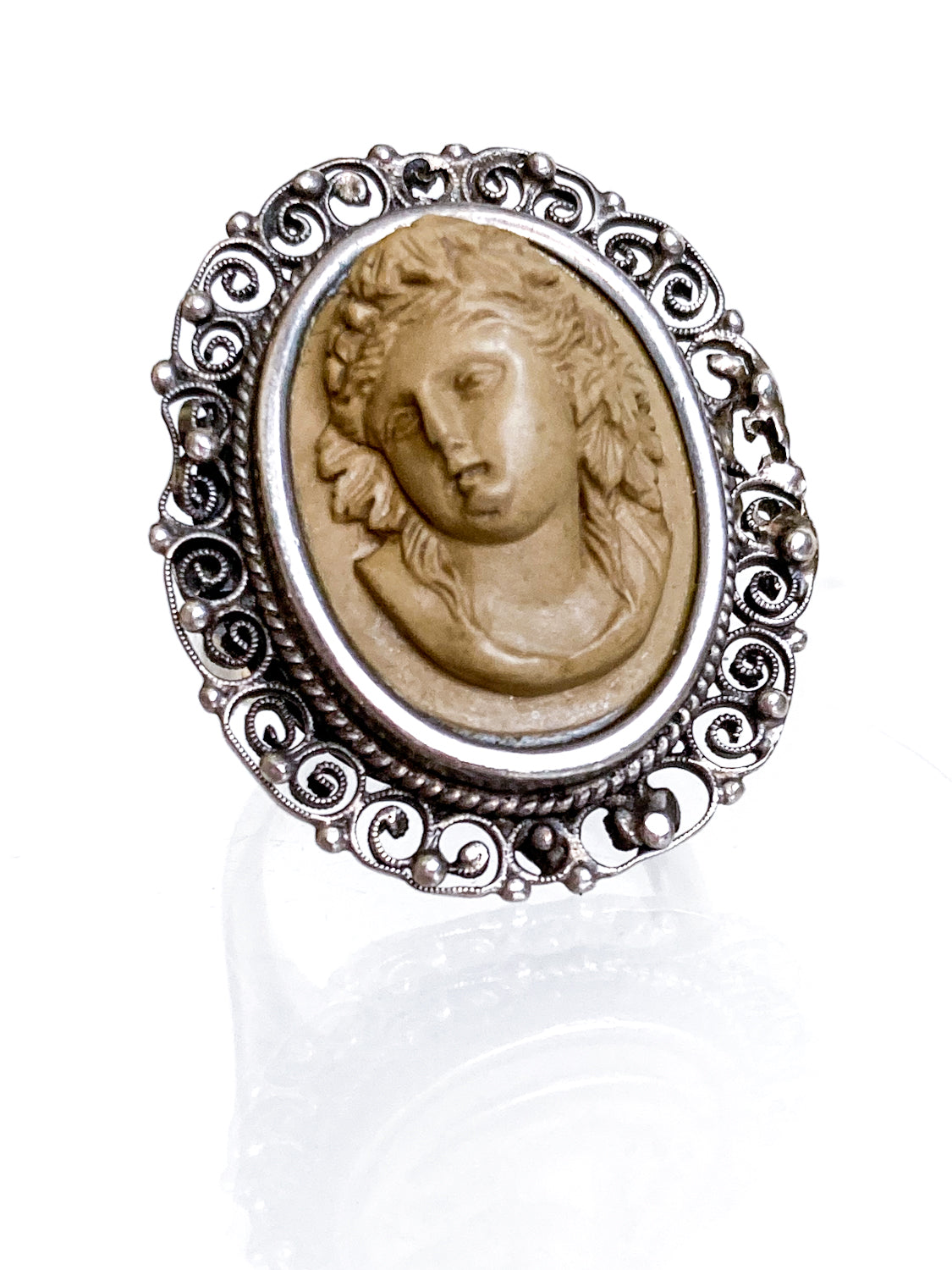 Antique Victorian Gold Sterling Silver Filigree Lava Stone Cameo Ring