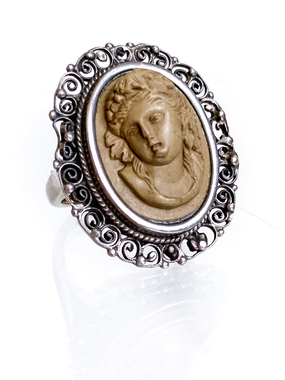 Antique Victorian Gold Sterling Silver Filigree Lava Stone Cameo Ring