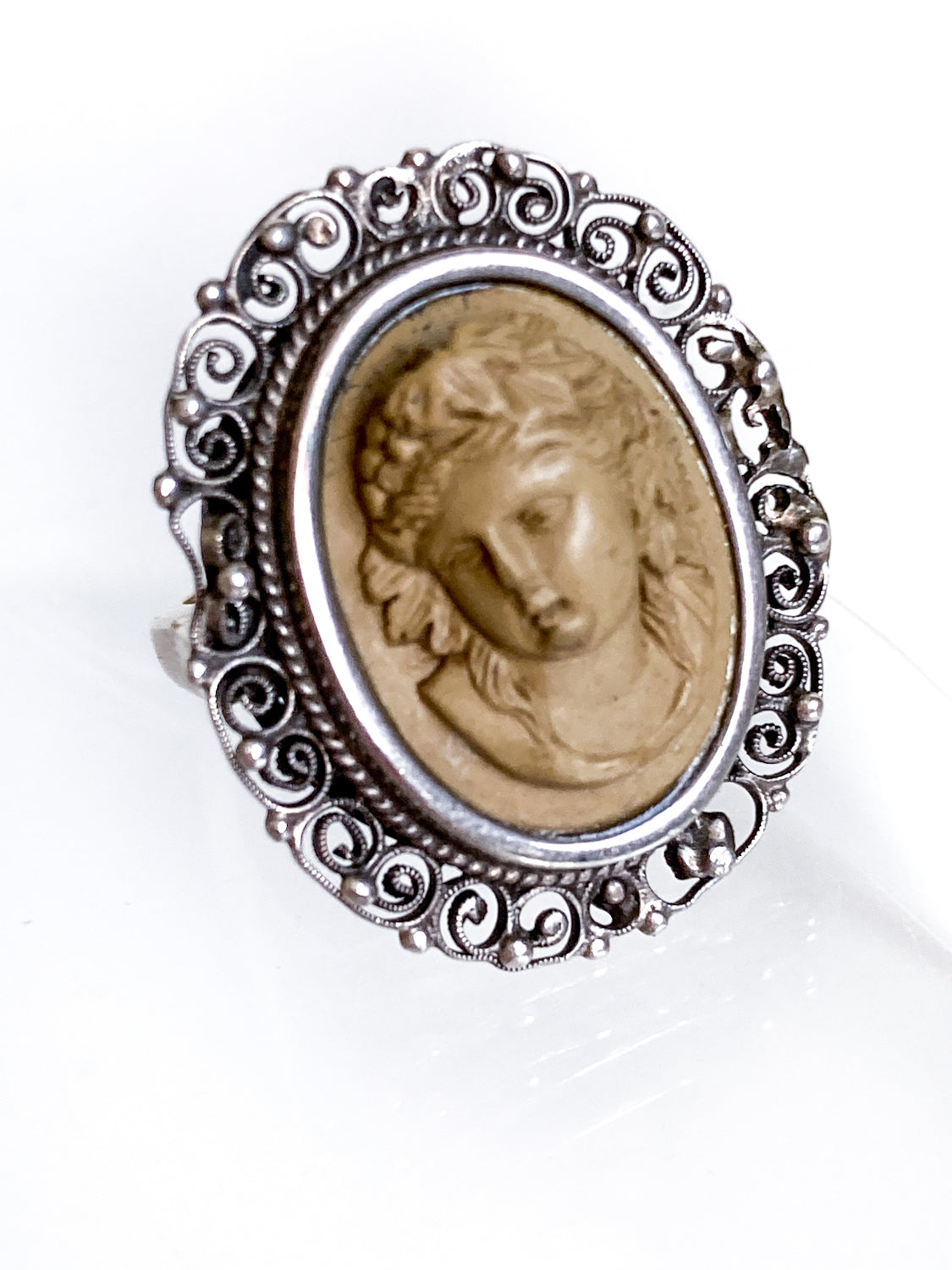 Antique Victorian Gold Sterling Silver Filigree Lava Stone Cameo Ring