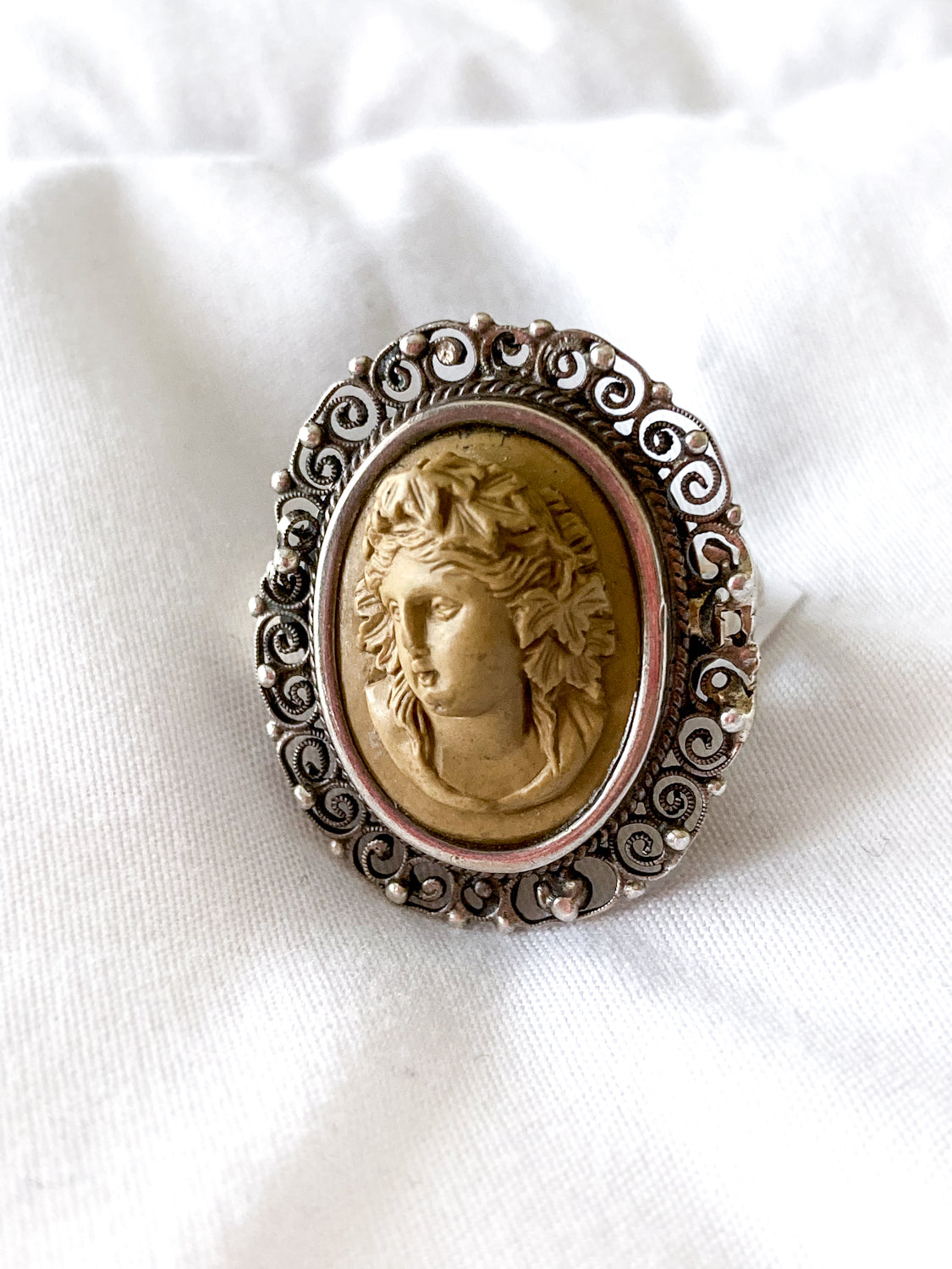 Antique Victorian Gold Sterling Silver Filigree Lava Stone Cameo Ring