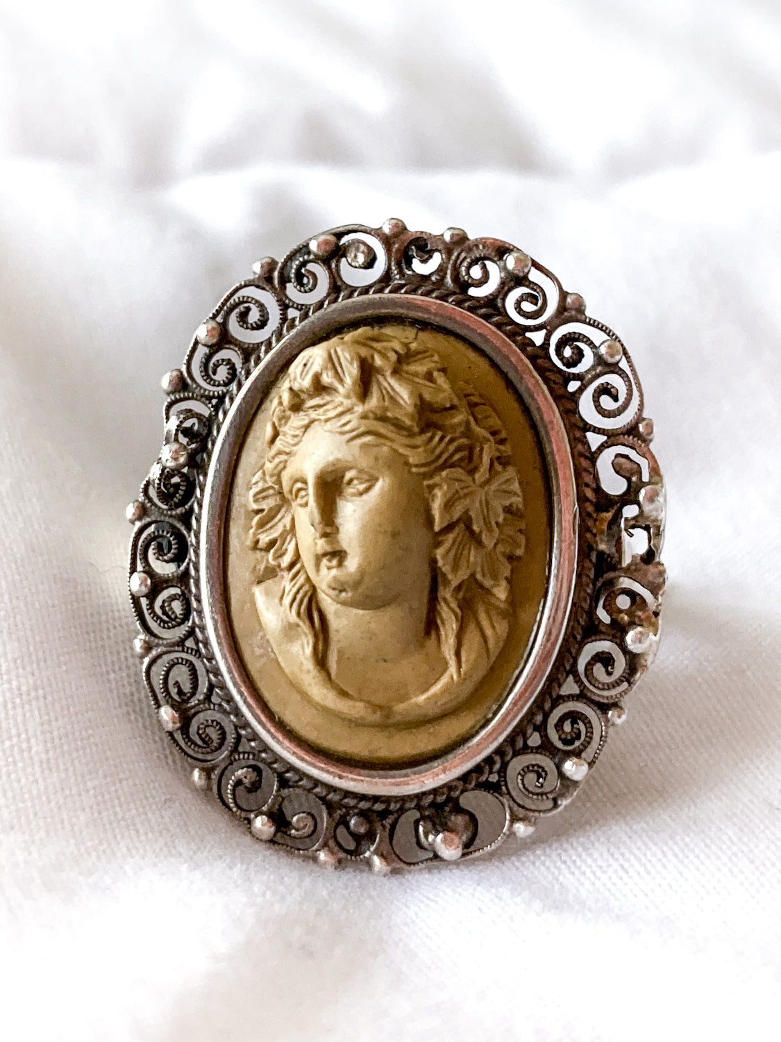 Antique Victorian Gold Sterling Silver Filigree Lava Stone Cameo Ring