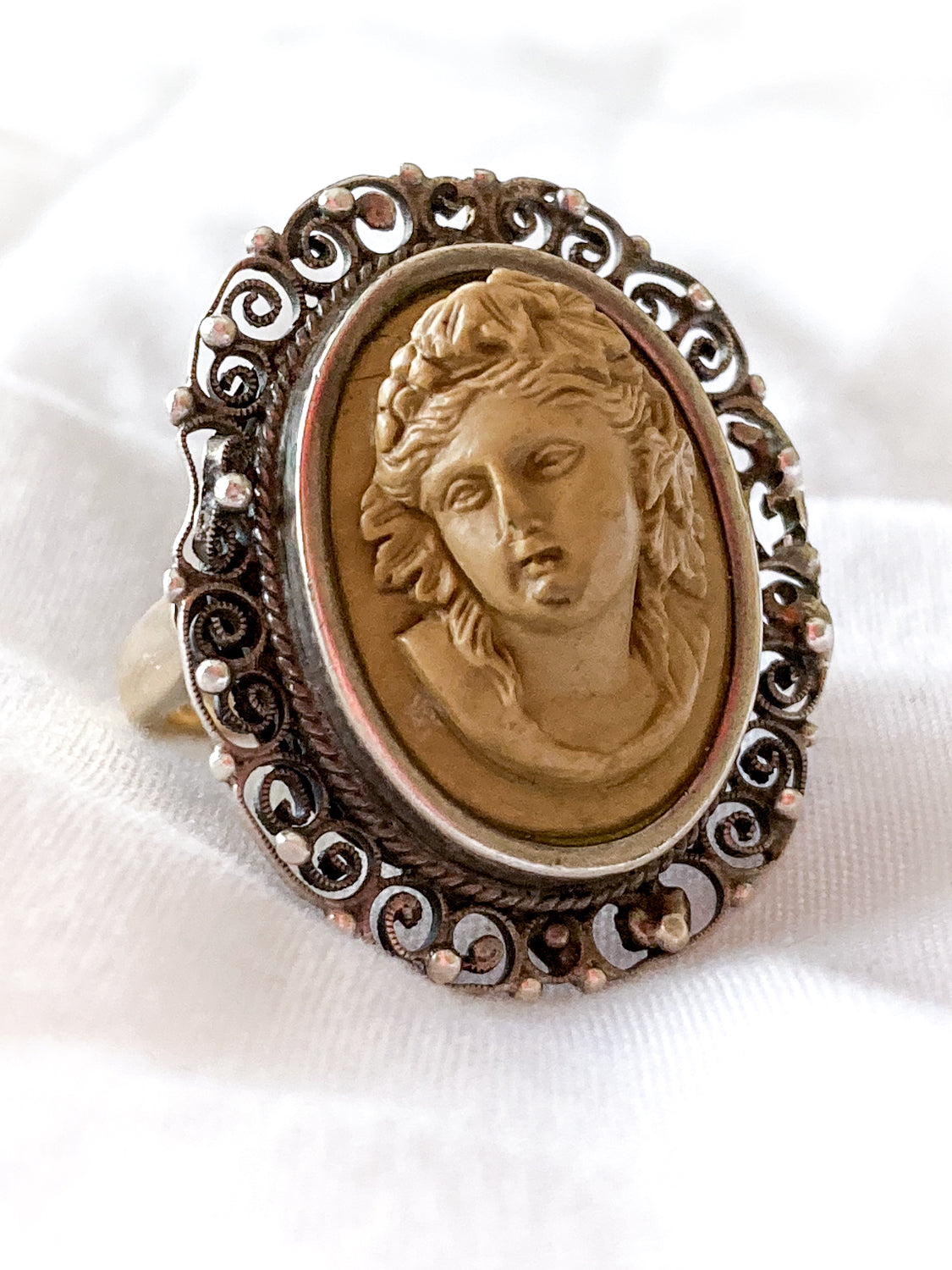 Antique Victorian Gold Sterling Silver Filigree Lava Stone Cameo Ring