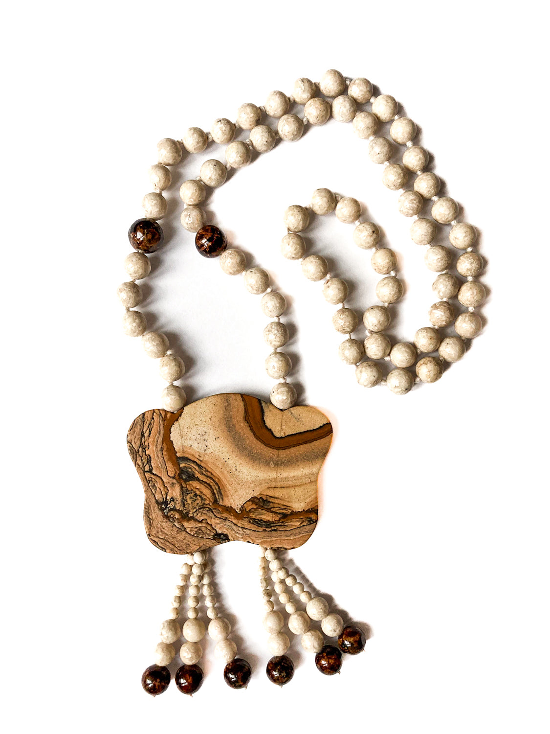 Stunning Natural Stone Pendant Hand Knotted Bead Tassel Statement Necklace