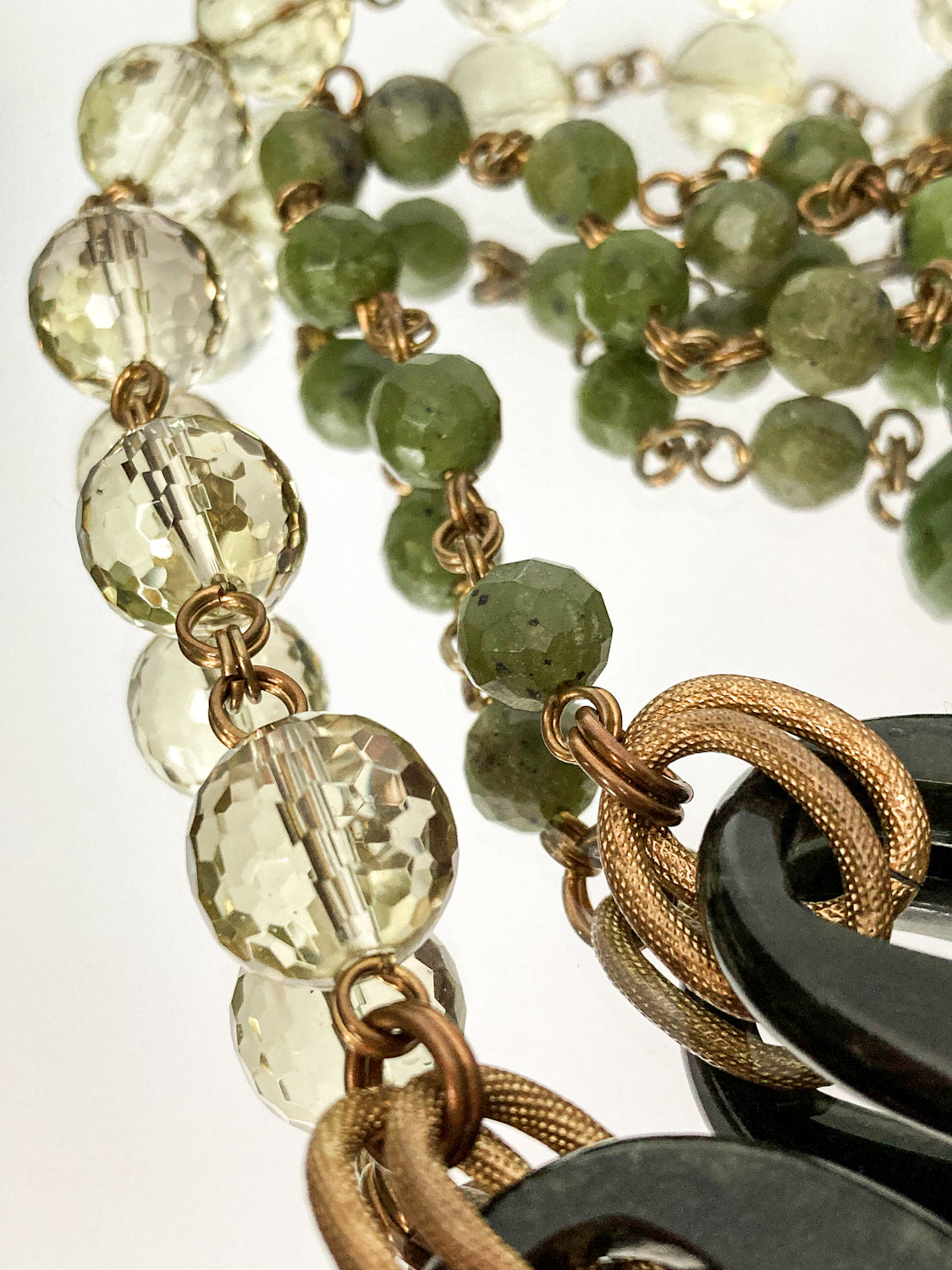 Unsigned Stephen Dweck Bronze Green Quartz Nephrite Bead Long Necklace