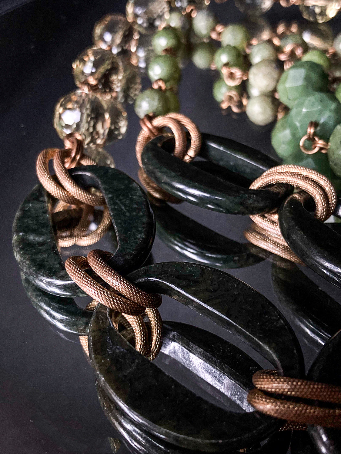 Unsigned Stephen Dweck Bronze Green Quartz Nephrite Bead Long Necklace