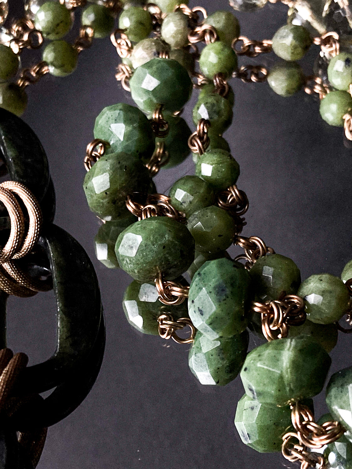 Unsigned Stephen Dweck Bronze Green Quartz Nephrite Bead Long Necklace