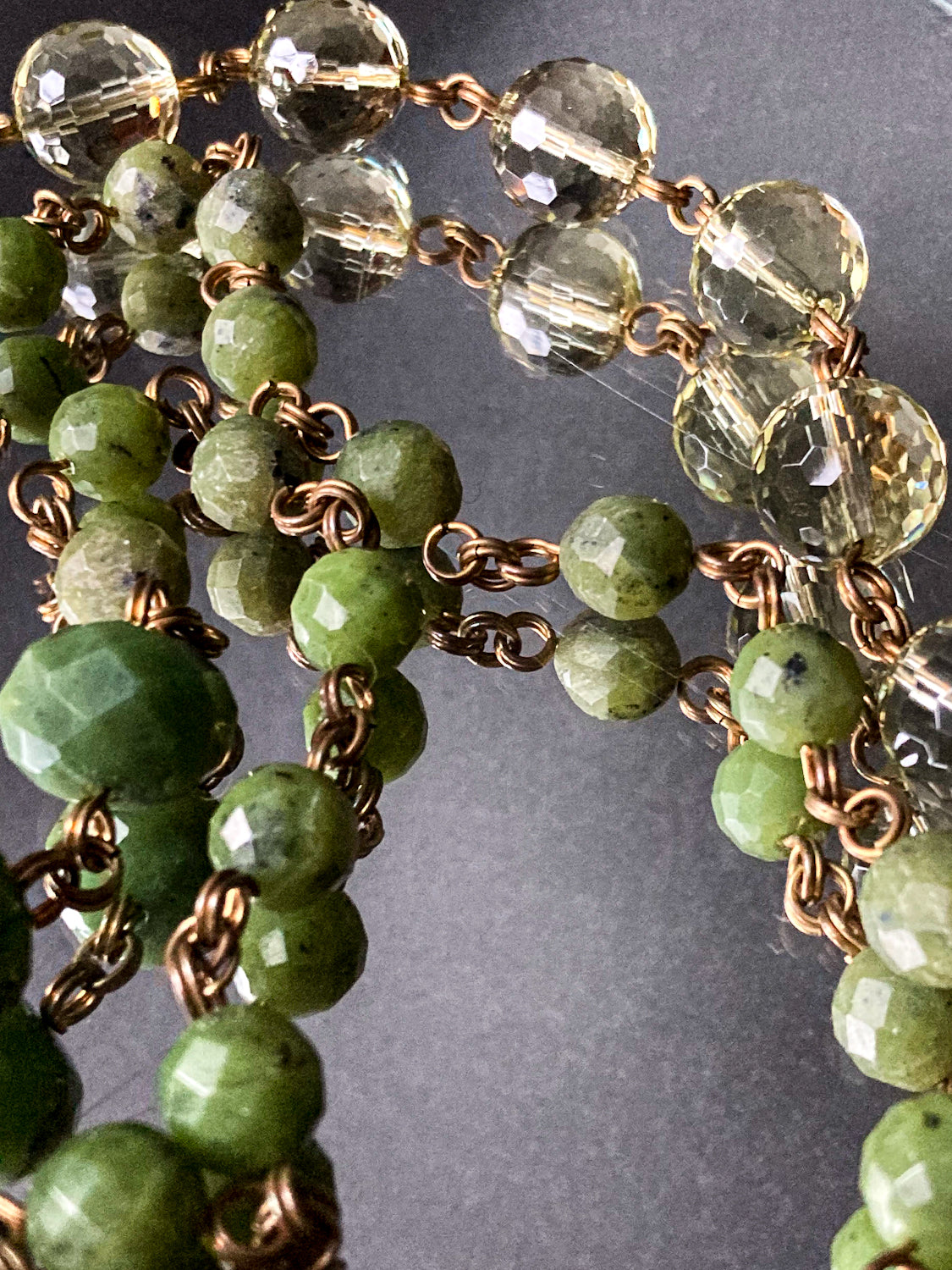 Unsigned Stephen Dweck Bronze Green Quartz Nephrite Bead Long Necklace