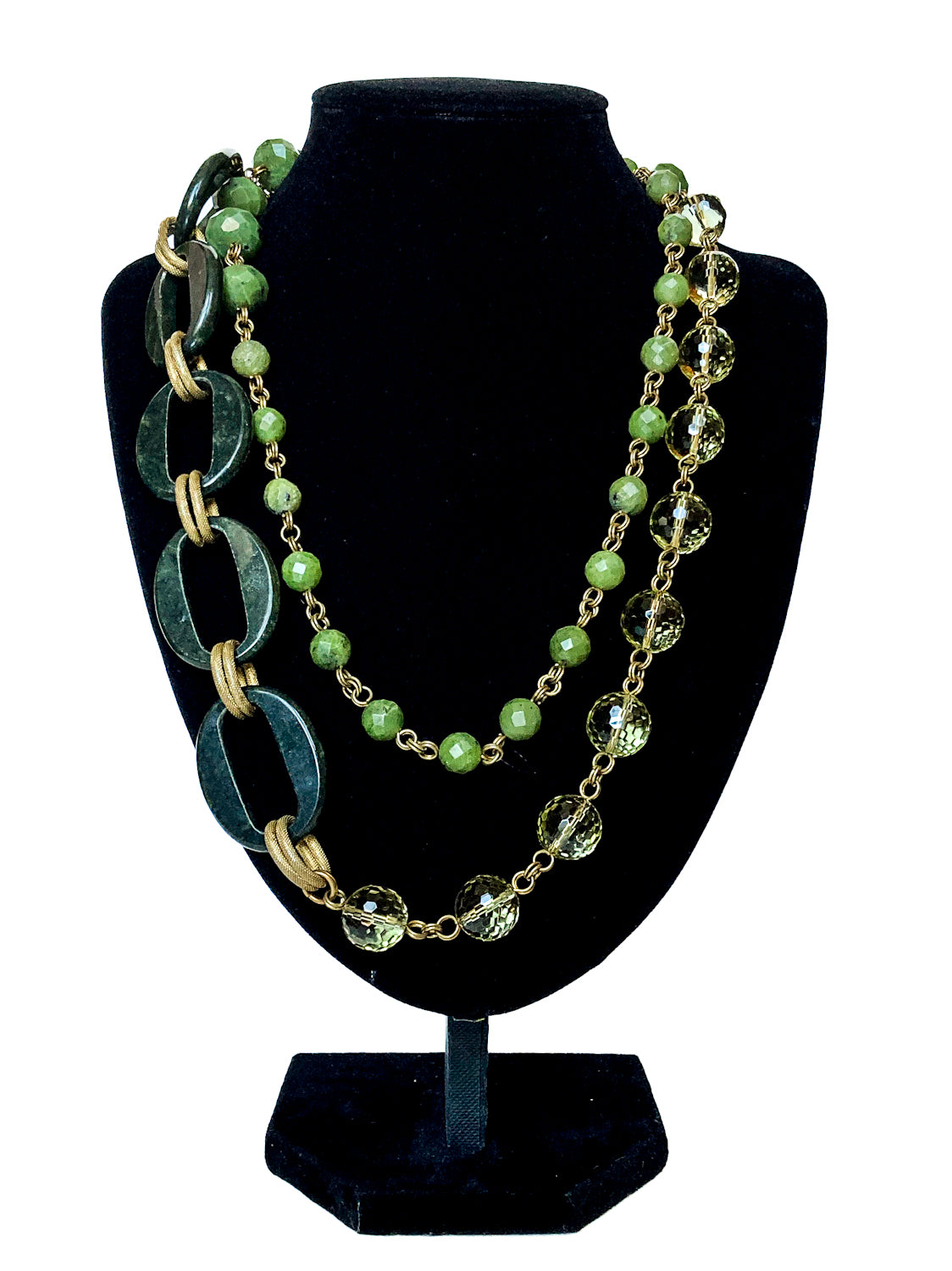 Unsigned Stephen Dweck Bronze Green Quartz Nephrite Bead Long Necklace