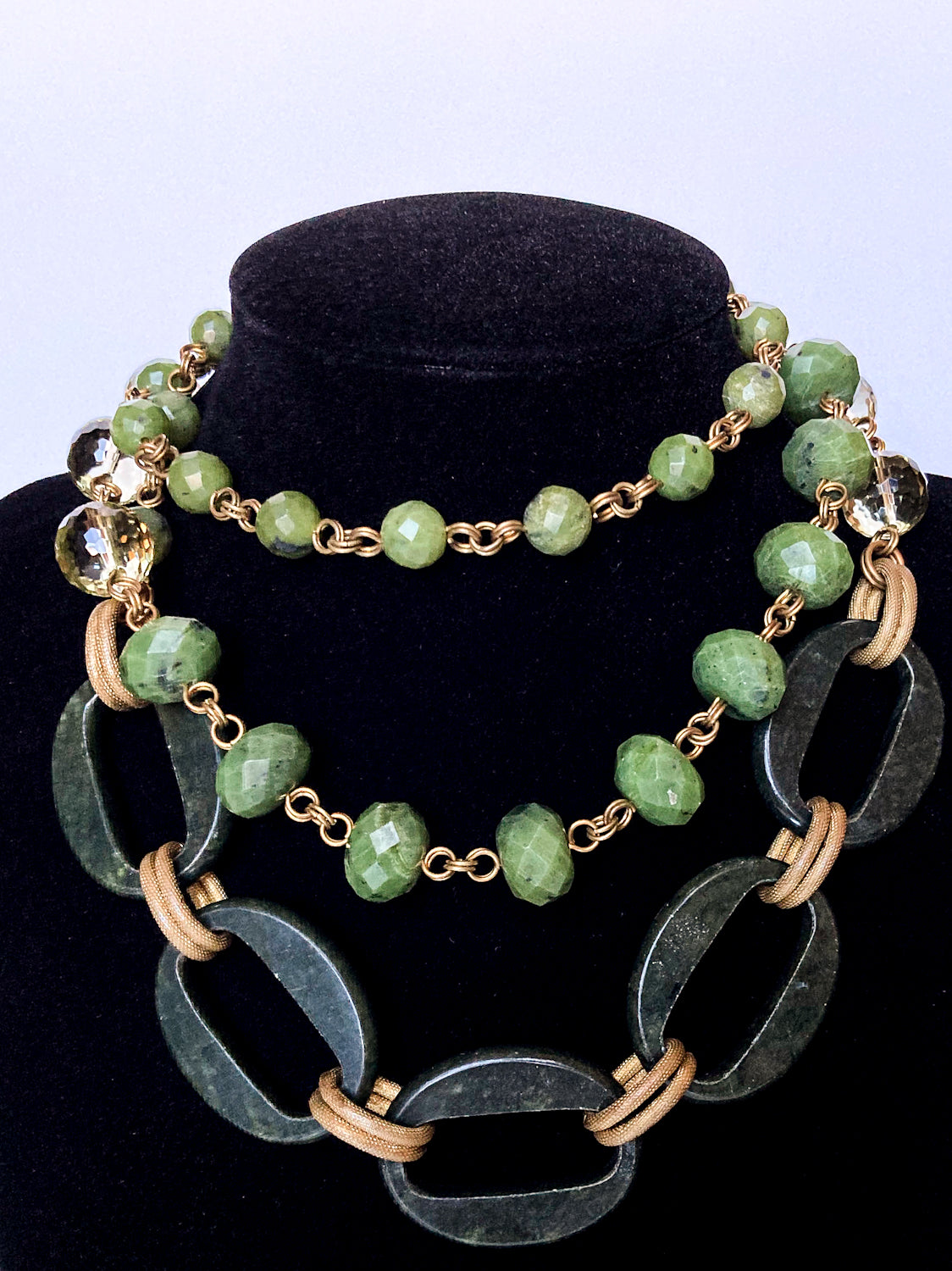 Unsigned Stephen Dweck Bronze Green Quartz Nephrite Bead Long Necklace