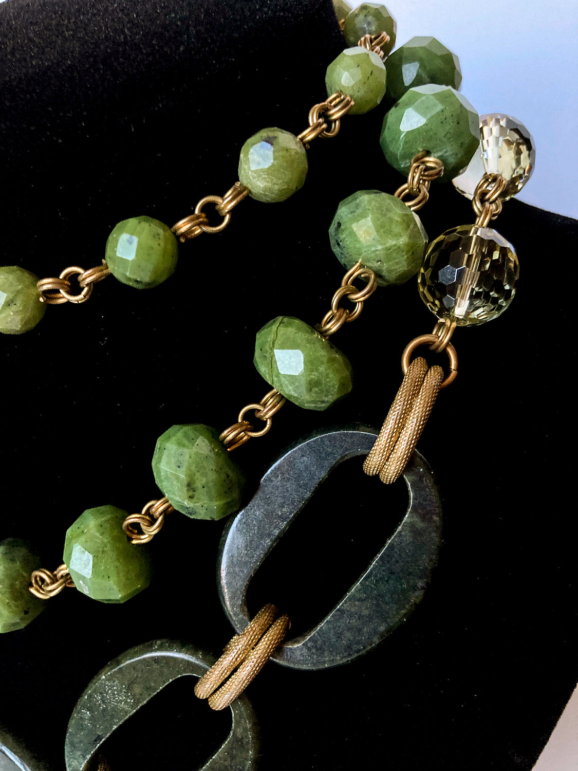 Unsigned Stephen Dweck Bronze Green Quartz Nephrite Bead Long Necklace