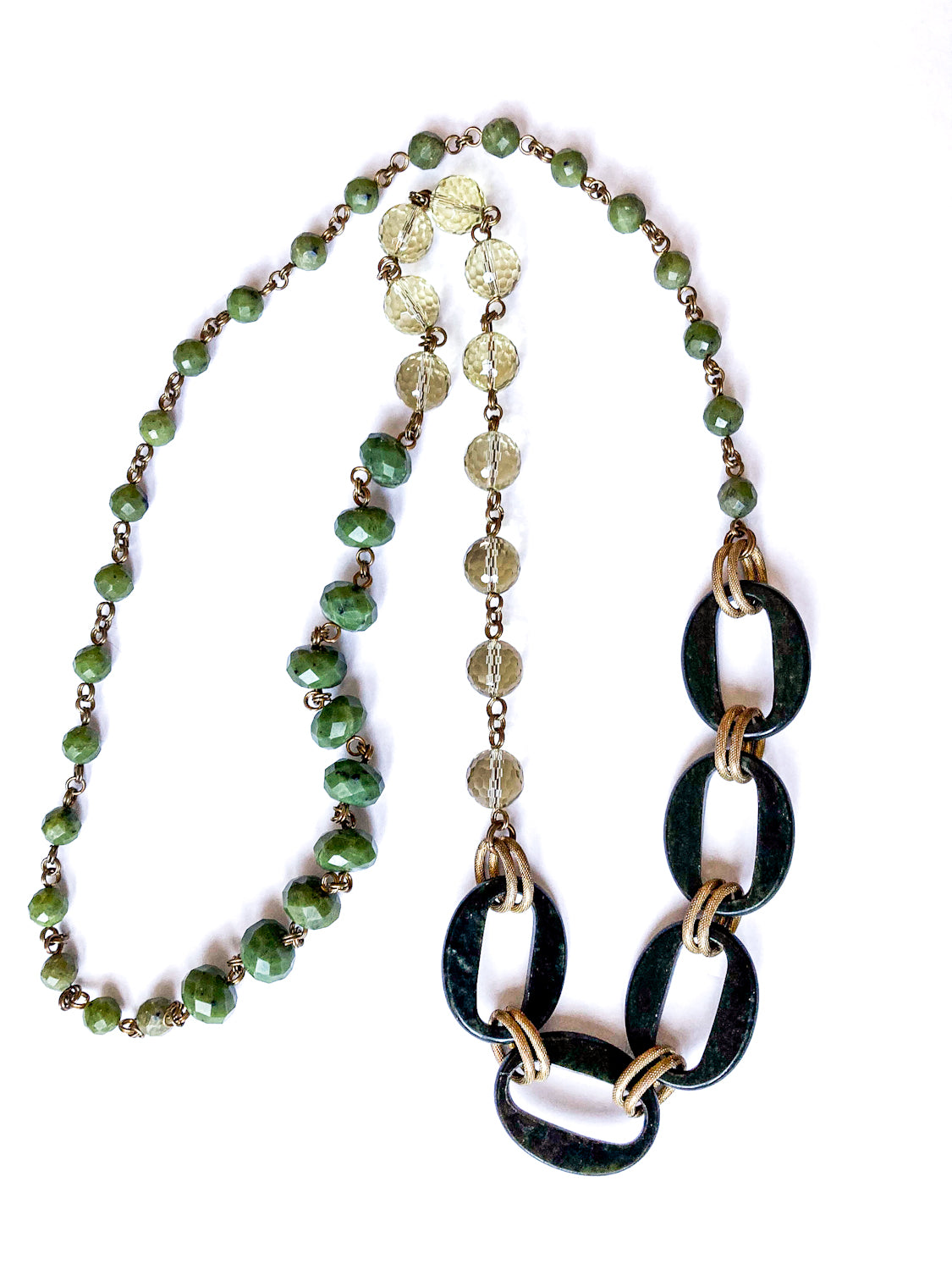 Unsigned Stephen Dweck Bronze Green Quartz Nephrite Bead Long Necklace