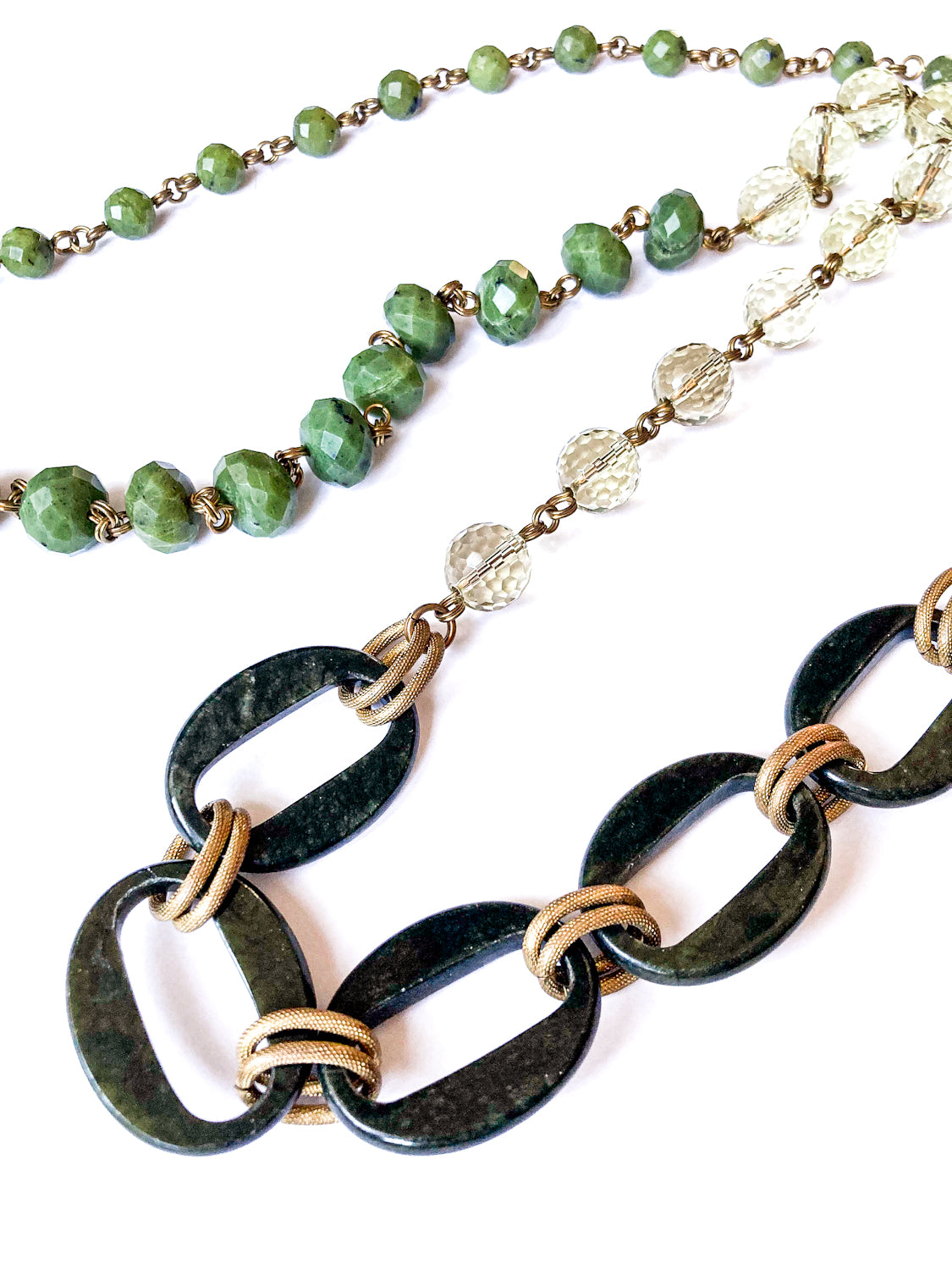 Unsigned Stephen Dweck Bronze Green Quartz Nephrite Bead Long Necklace