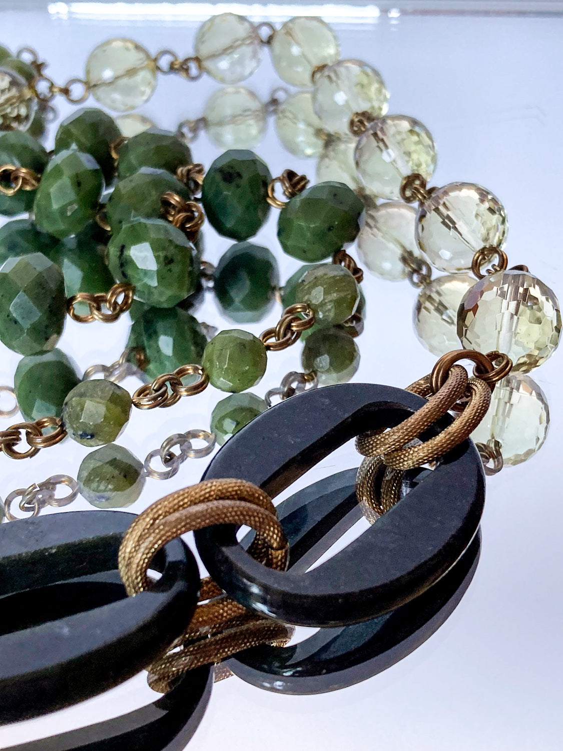 Unsigned Stephen Dweck Bronze Green Quartz Nephrite Bead Long Necklace