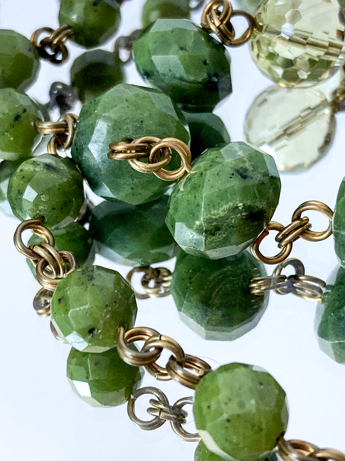 Unsigned Stephen Dweck Bronze Green Quartz Nephrite Bead Long Necklace