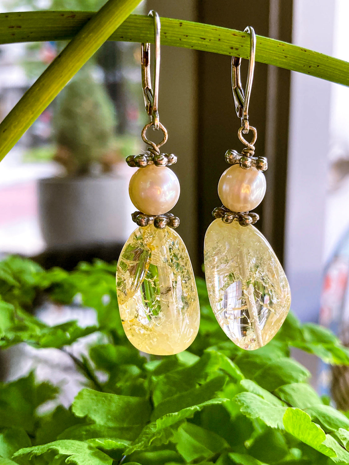 Sterling Silver Cultured Pearl Yellow Faux Quartz Glass Drop Dangle Earrings 4