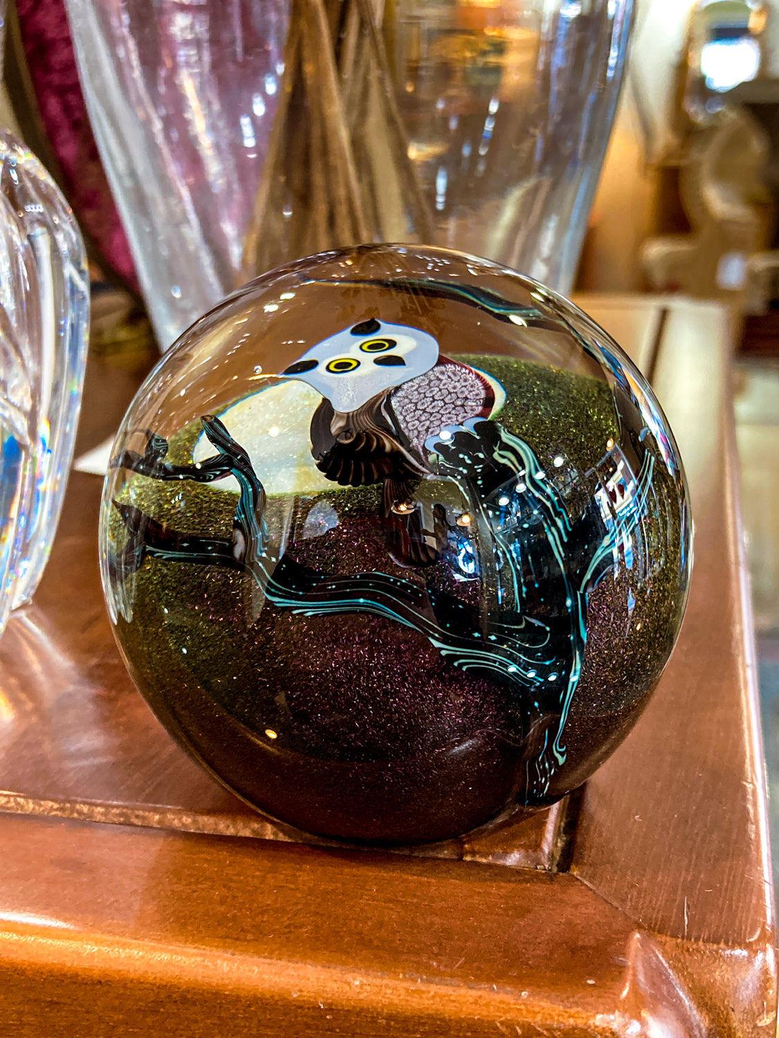 Orient & Flume Ed Seaira Hand Blown Glass Full Moon Night Sky Owl Paperweight