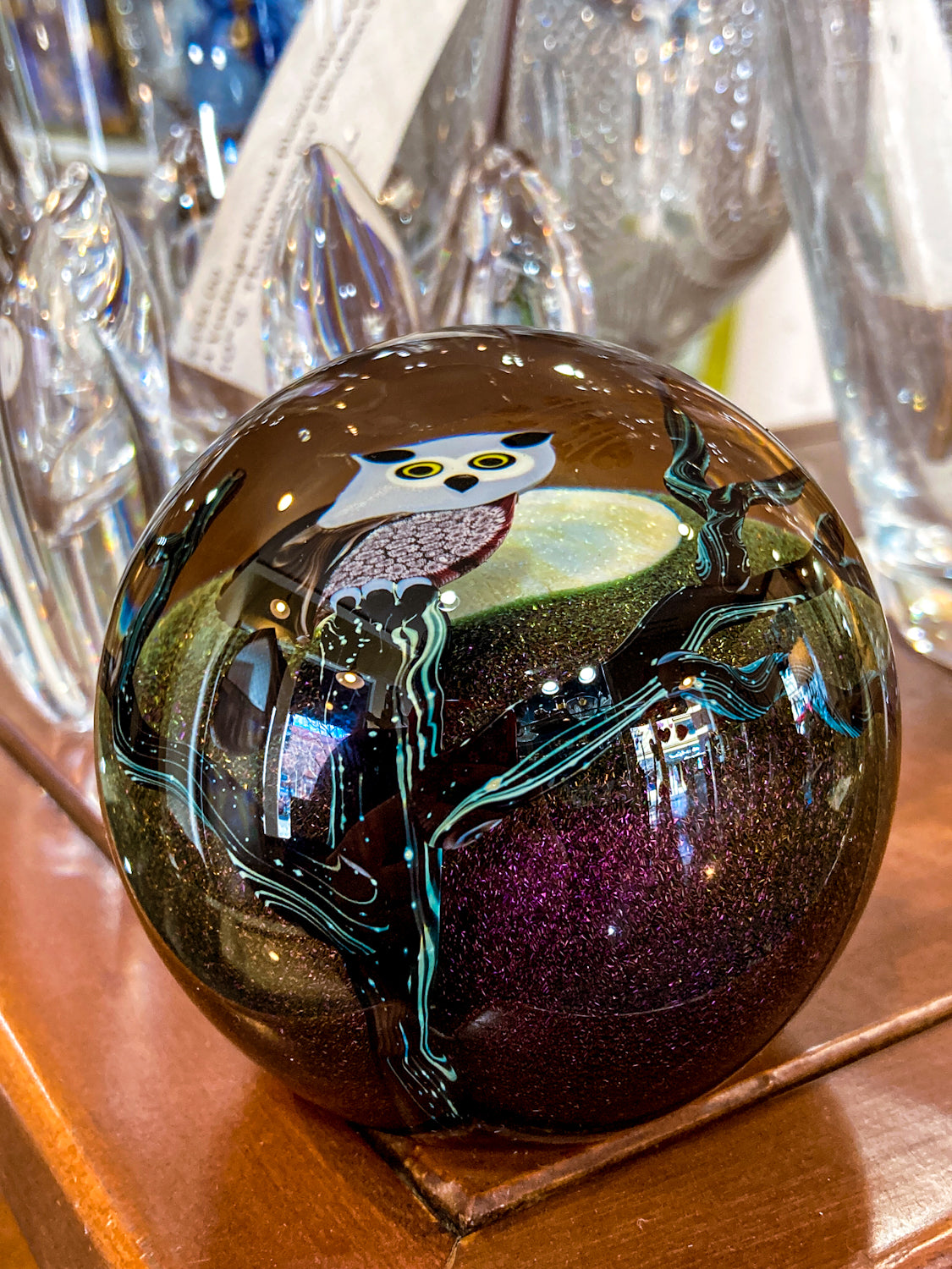 Orient & Flume Ed Seaira Hand Blown Glass Full Moon Night Sky Owl Paperweight