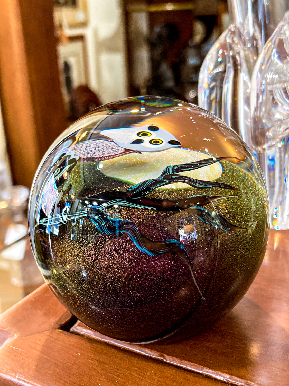 Orient & Flume Ed Seaira Hand Blown Glass Full Moon Night Sky Owl Paperweight