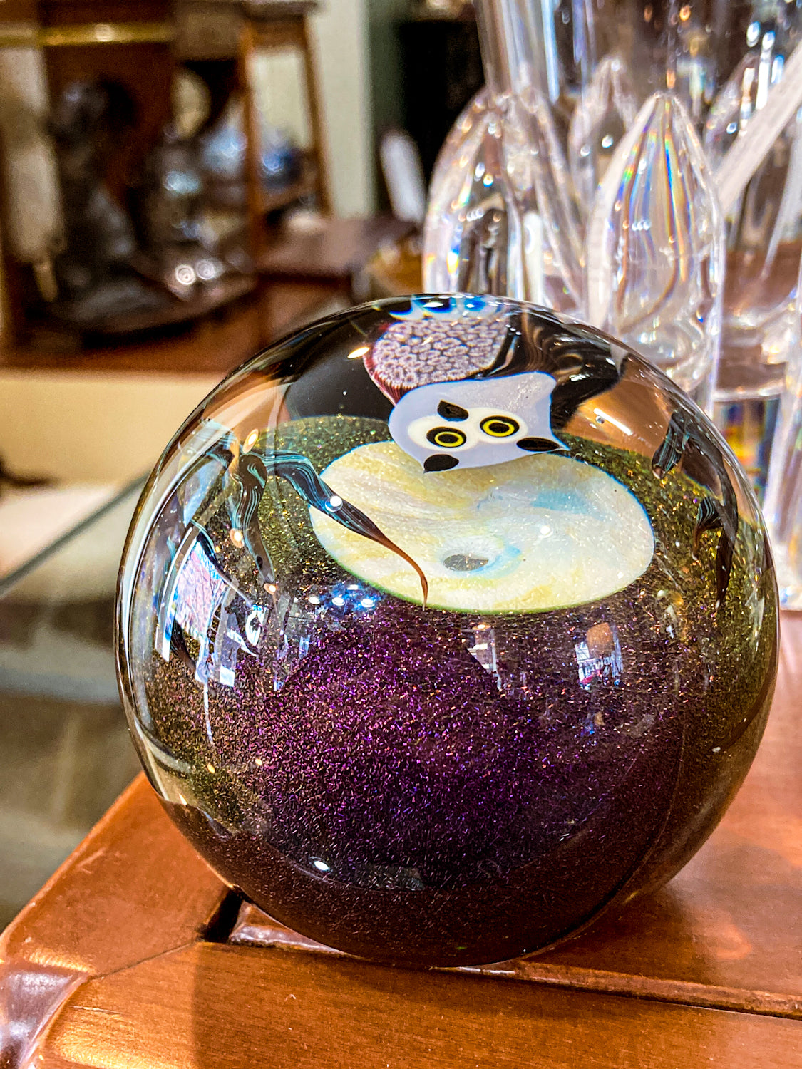 Orient & Flume Ed Seaira Hand Blown Glass Full Moon Night Sky Owl Paperweight