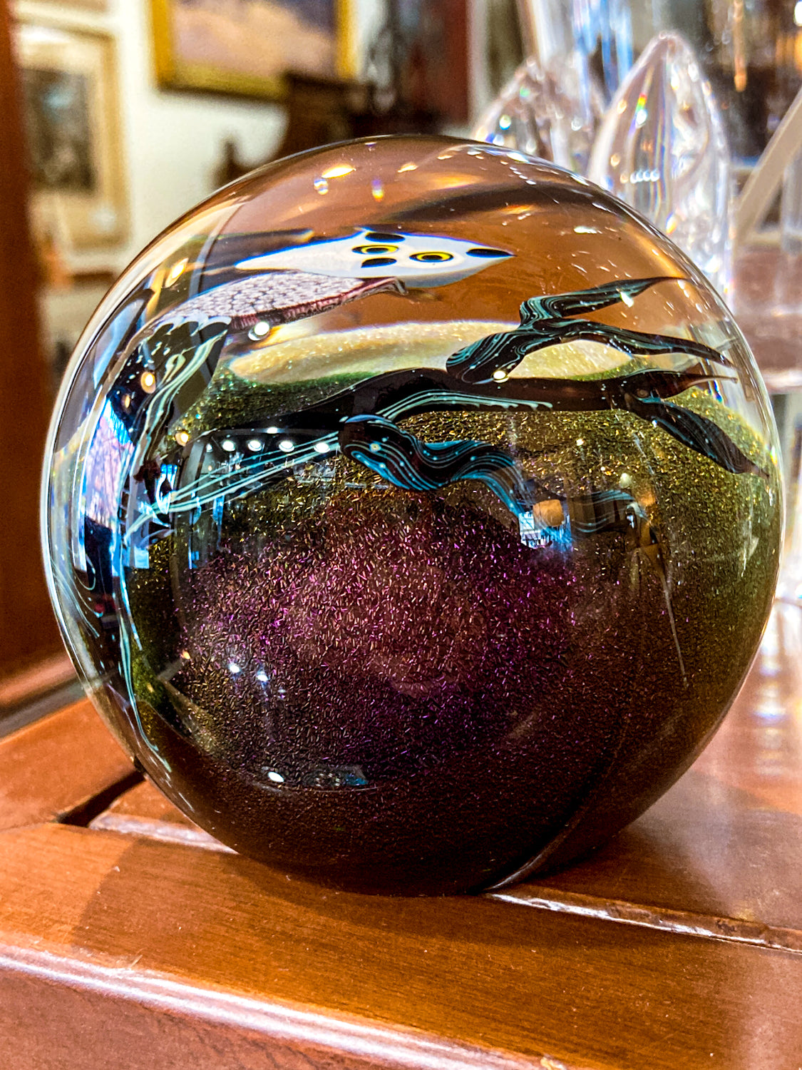 Orient & Flume Ed Seaira Hand Blown Glass Full Moon Night Sky Owl Paperweight