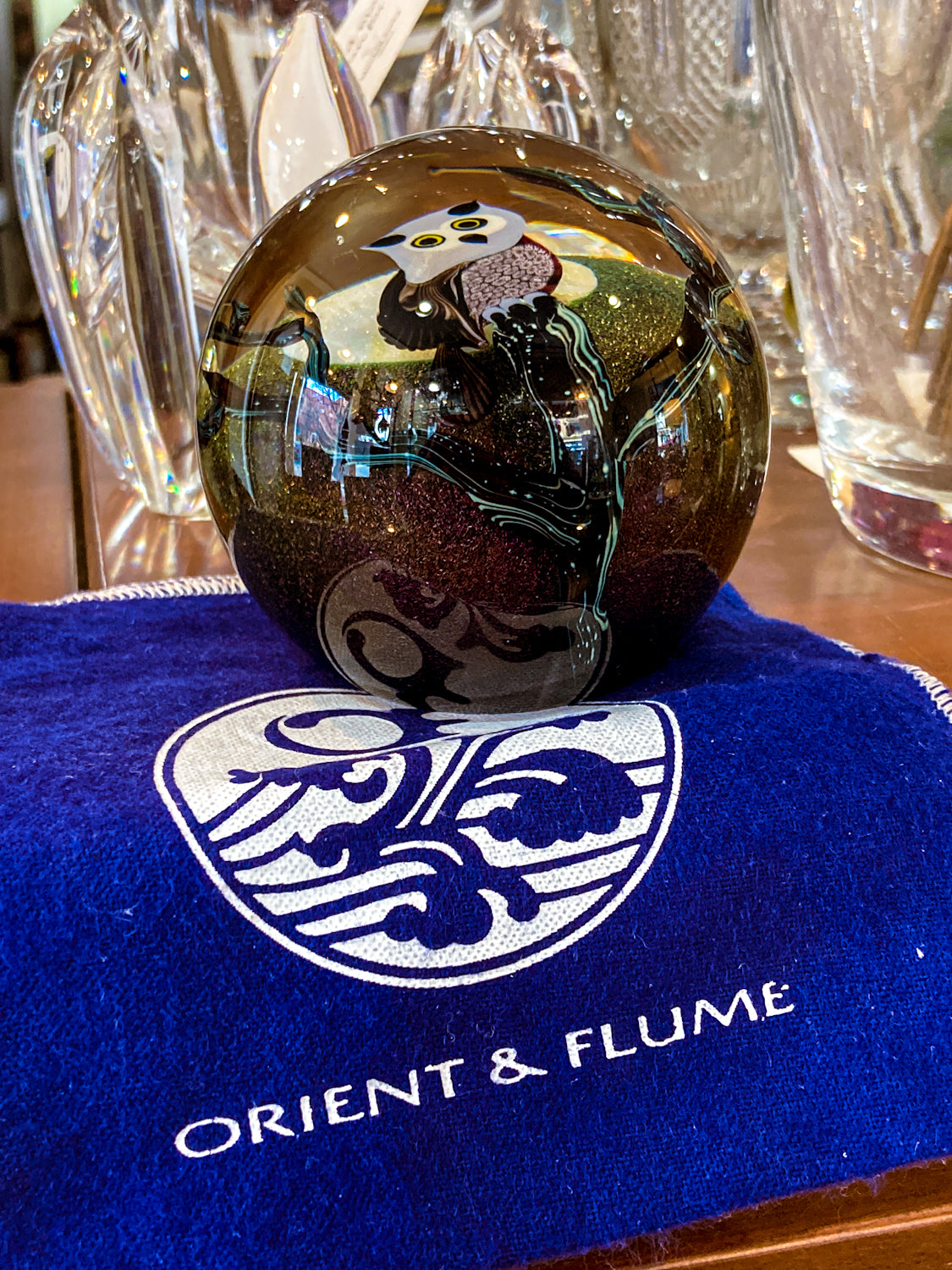 Orient & Flume Ed Seaira Hand Blown Glass Full Moon Night Sky Owl Paperweight