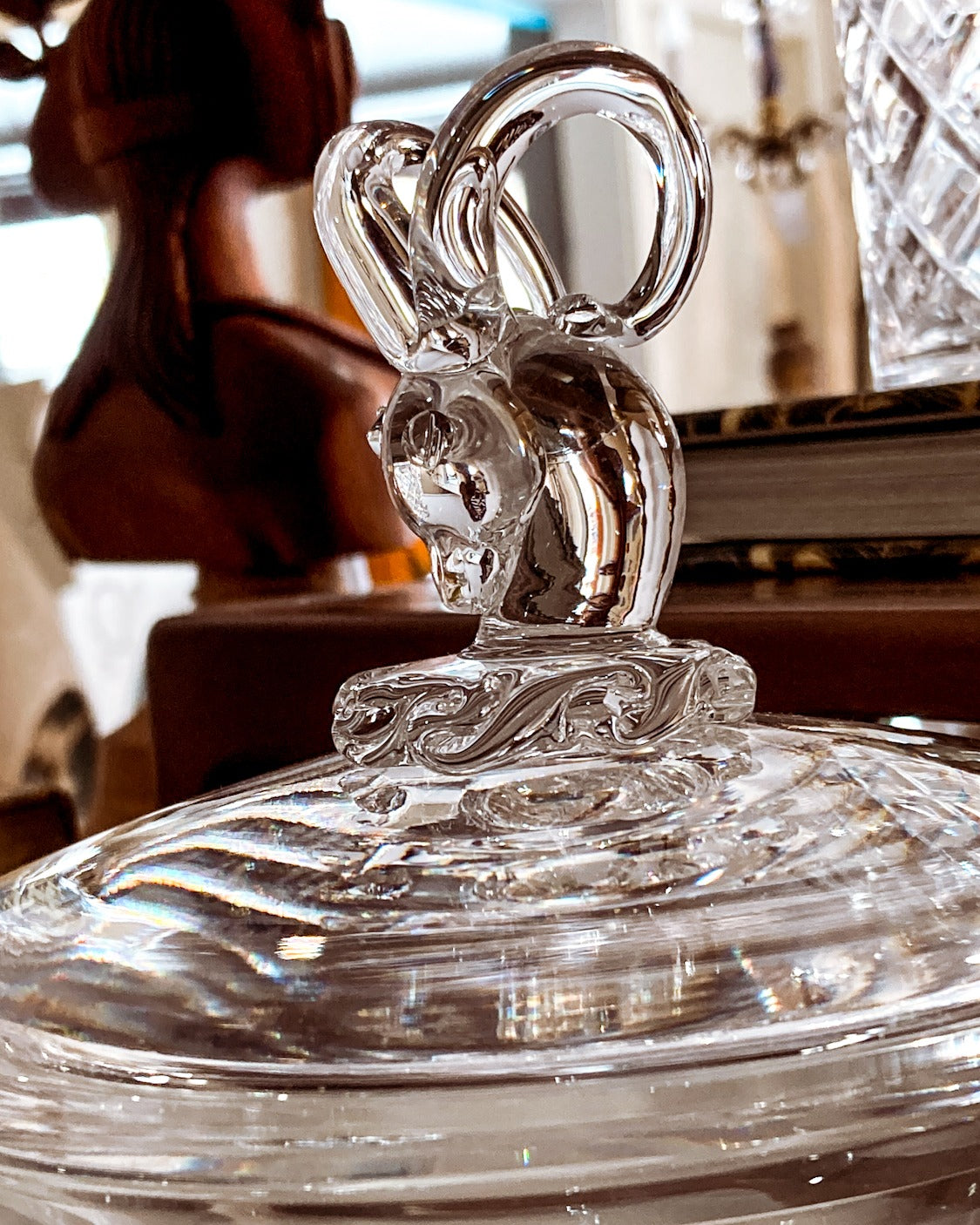 Hand Blown Steuben Clear Crystal Ram's Head Knop Lidded Tapered Jar