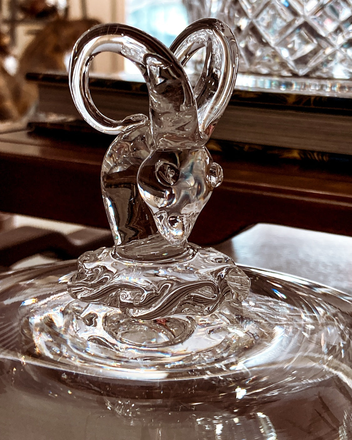 Hand Blown Steuben Clear Crystal Ram's Head Knop Lidded Tapered Jar