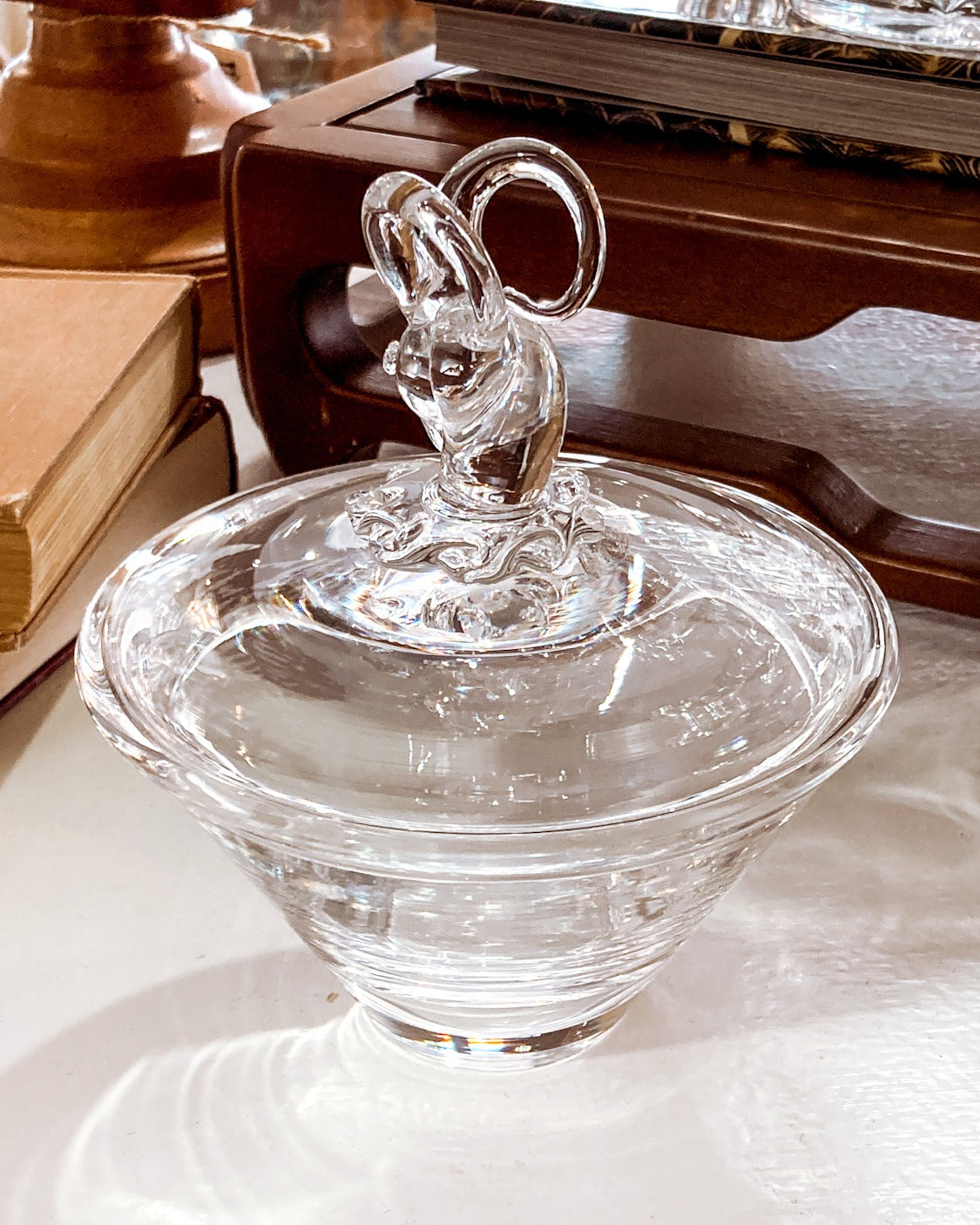 Hand Blown Steuben Clear Crystal Ram's Head Knop Lidded Tapered Jar